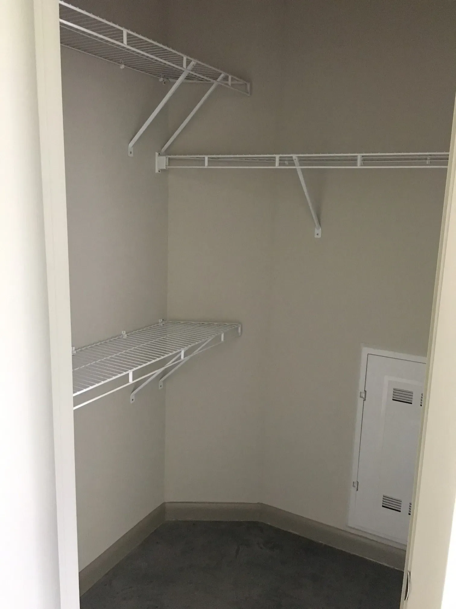 Empty walk-in closet with wire shelving