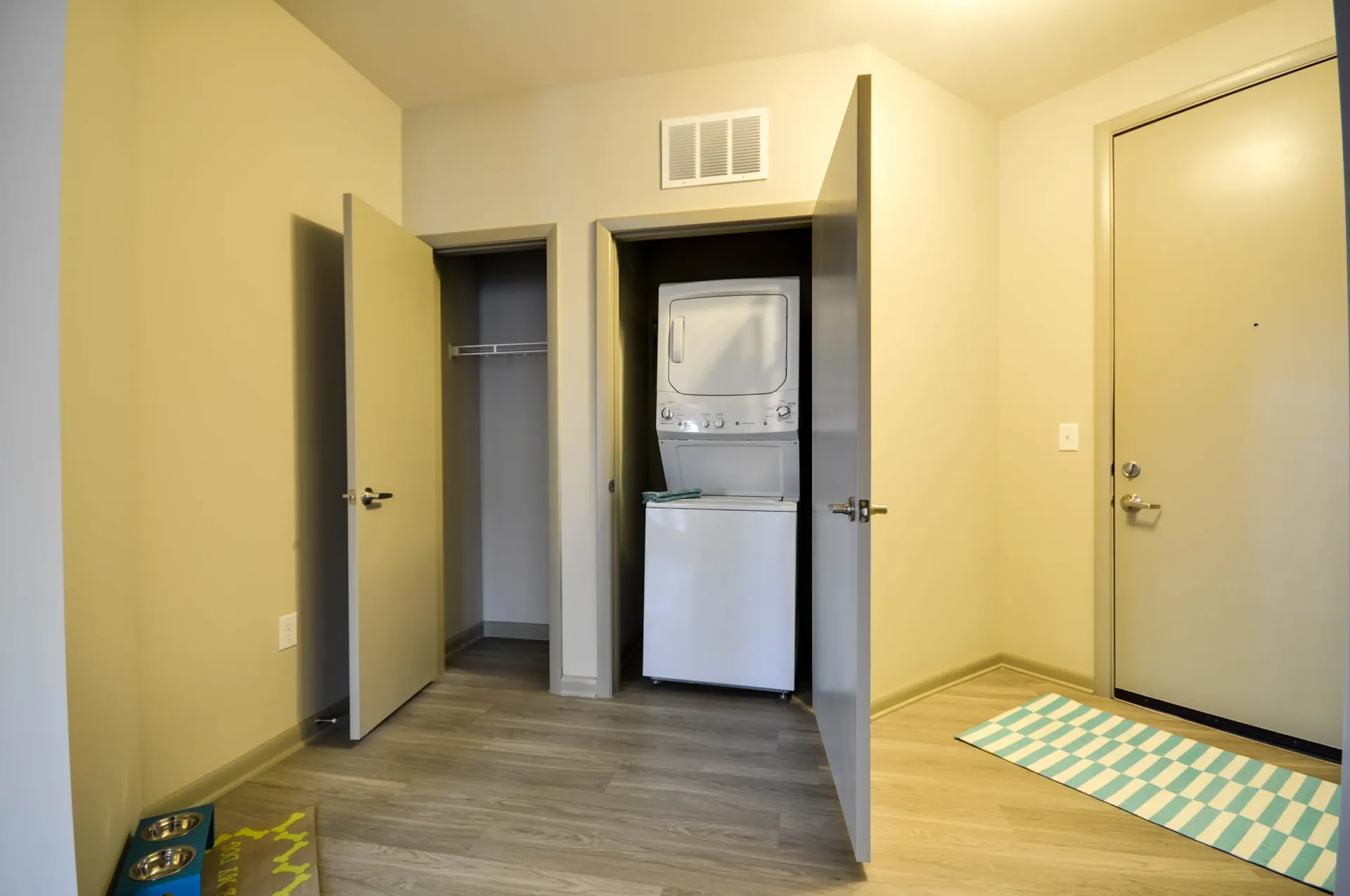 In-unit washer and dryer with closet space.
