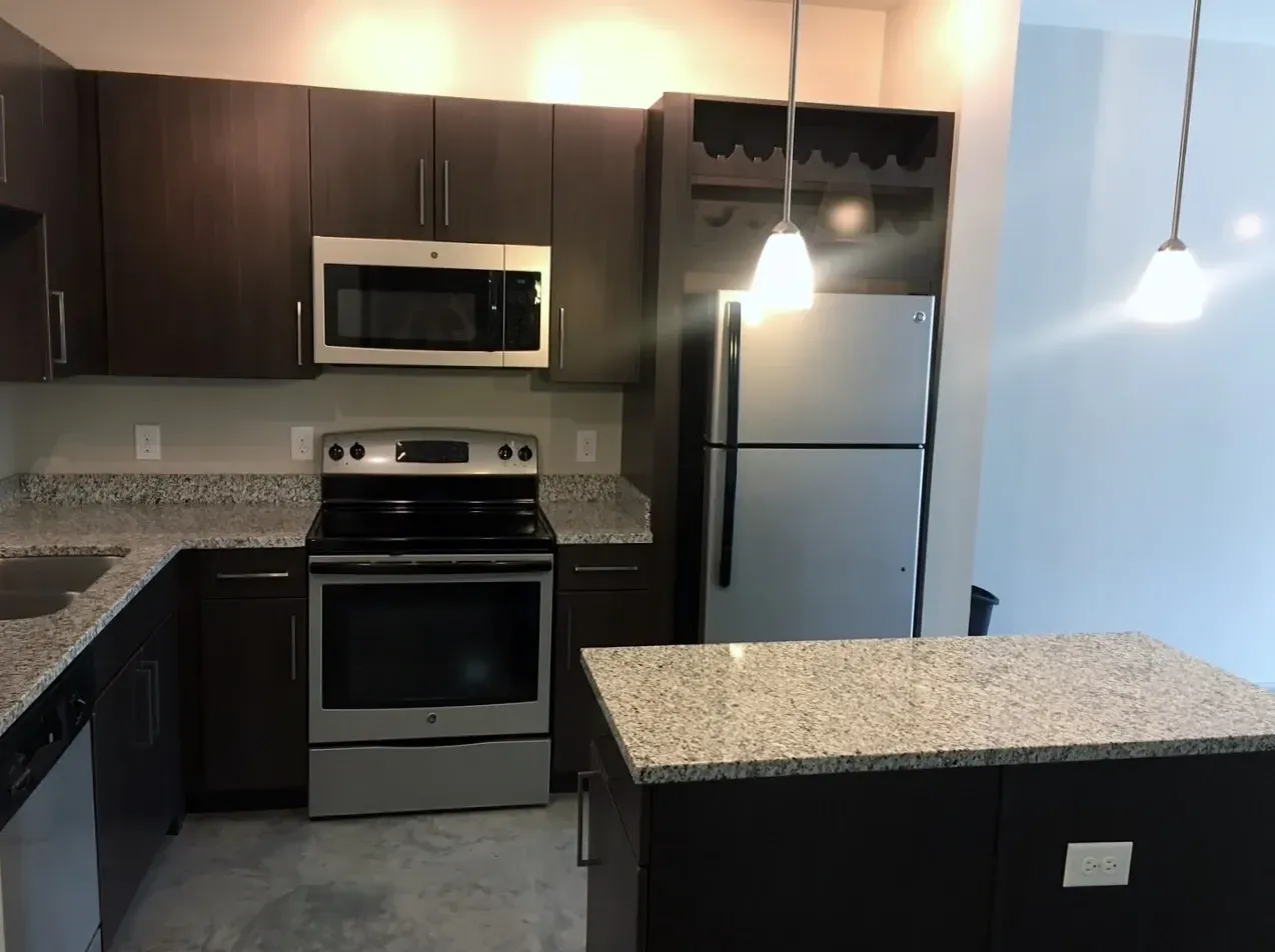 Modern kitchen with dark wood cabinets, stainless steel appliances, and granite countertops.