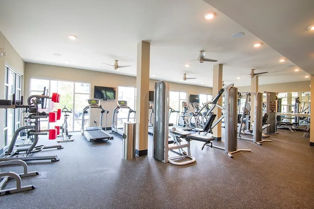 Modern fitness center with treadmills, ellipticals, and weight machines.