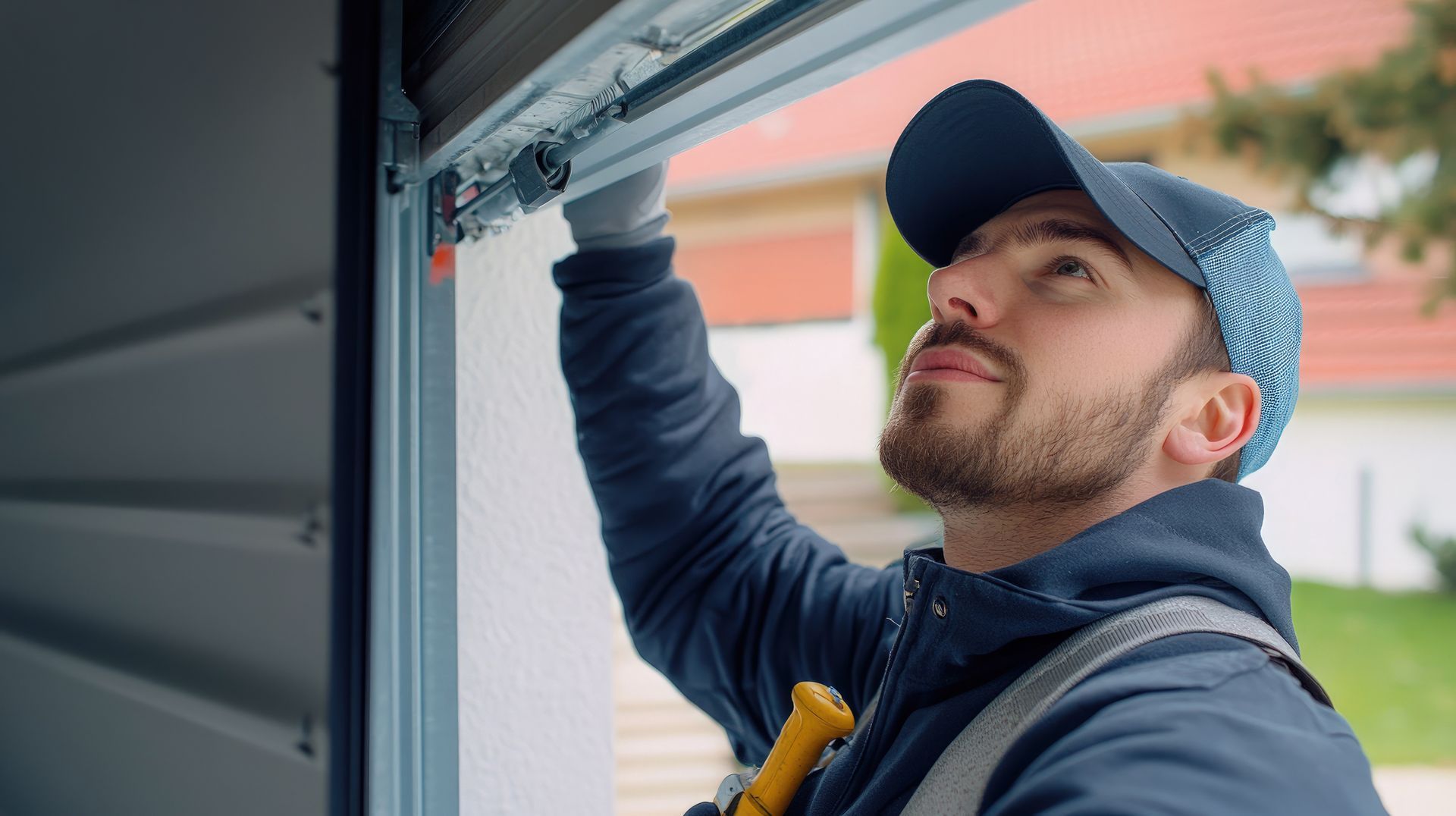 A man engaged in garage door spring repair, troubleshooting issues to restore the door's operation. A man engaged in garage door spring repair, troubleshooting issues to restore the door's operation.