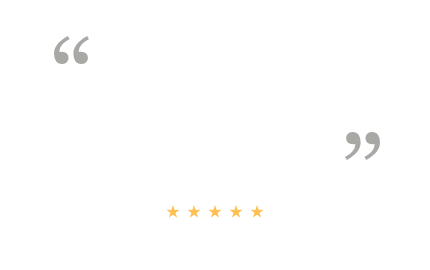 Gray quotation marks above five gold stars on a white background