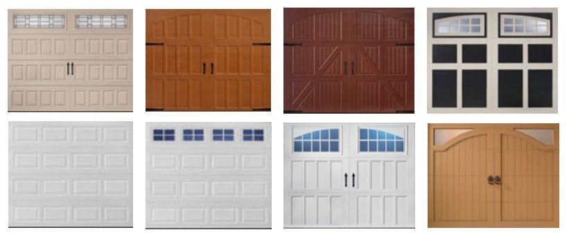 Garage door style samples in white, brown, and wood tones, shown in a grid.