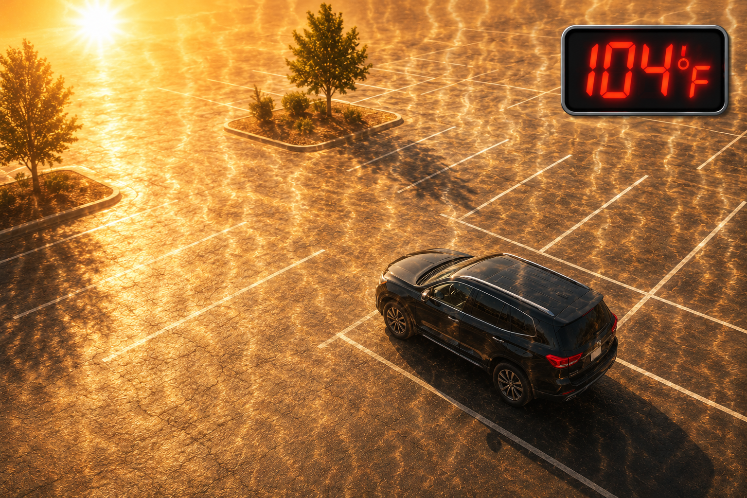 Black car on a sun-baked street in 104°F heat, with a digital temperature display.