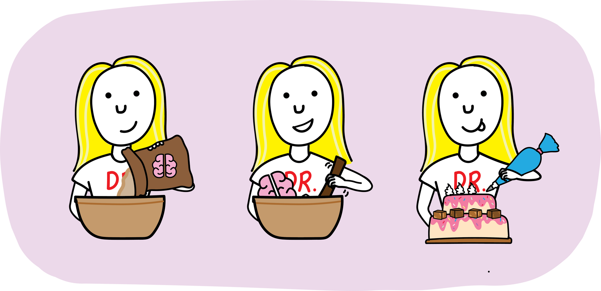 A cartoon of a woman holding a bowl of food and a cake.