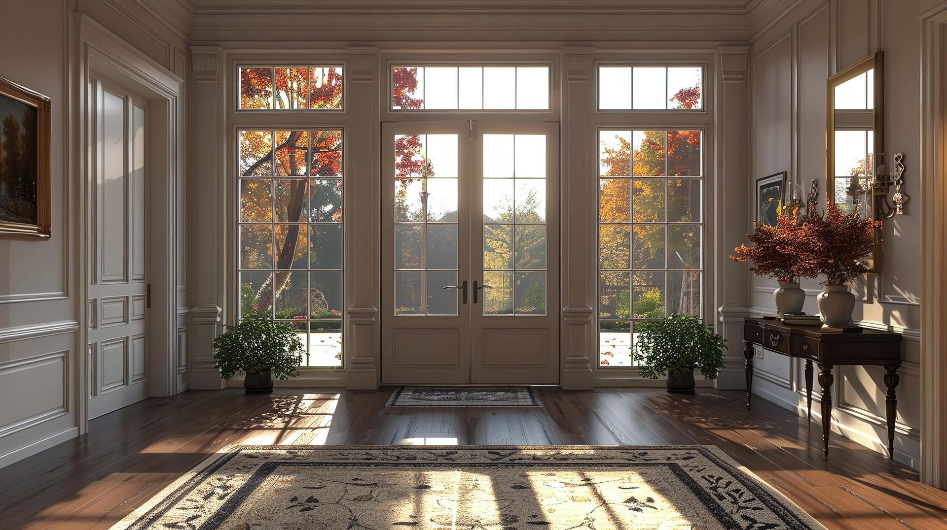 Hall d'entrée élégant avec lumière du soleil traversant de grandes fenêtres, mettant en valeur le feuillage d'automne.