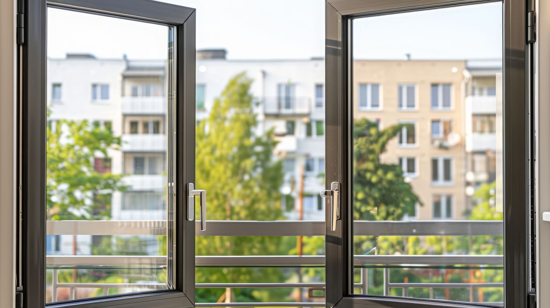 Portes-fenêtres ouvertes à cadre noir avec vue sur les immeubles d'appartements et les arbres.