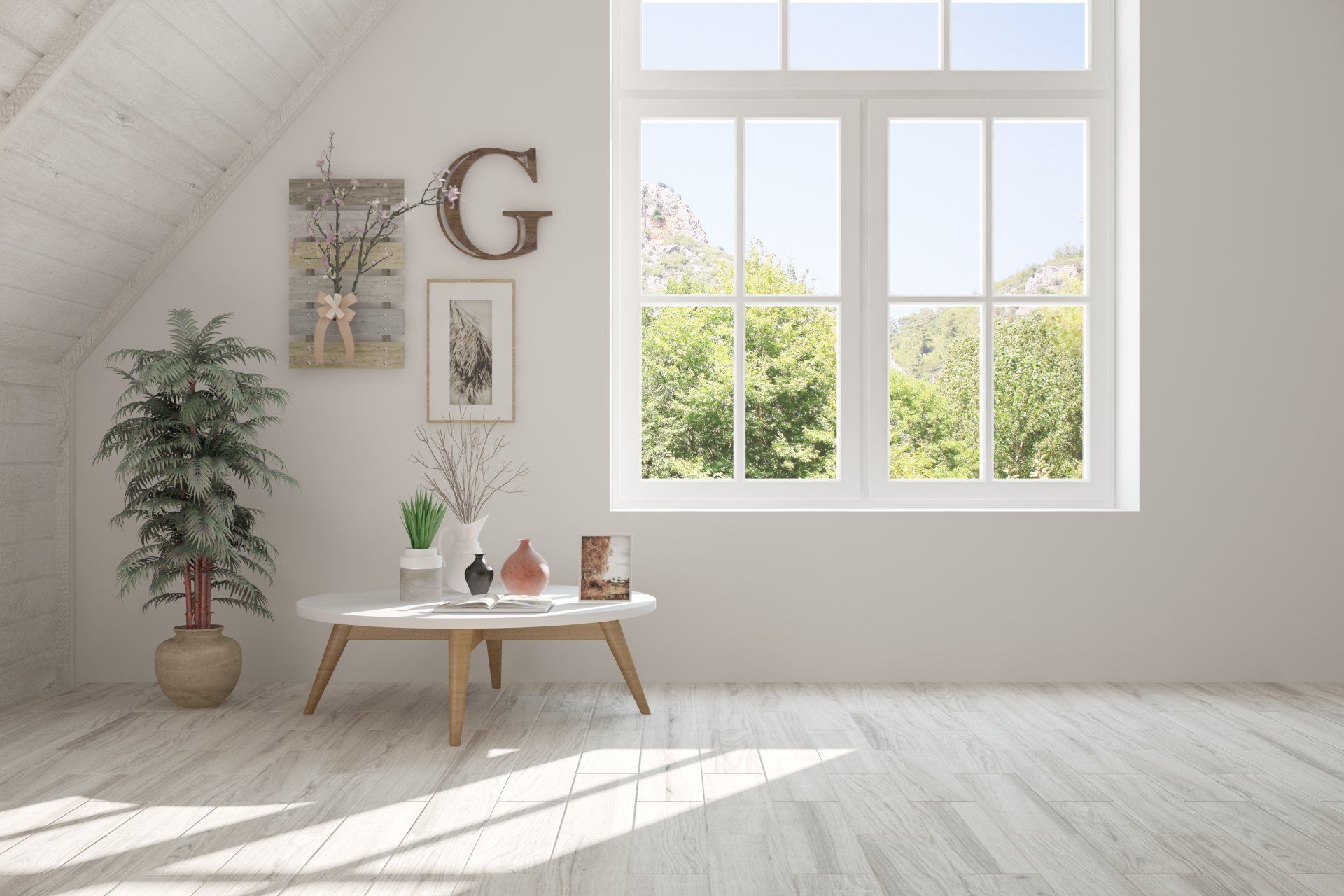 Un salon avec une table et une grande fenêtre.