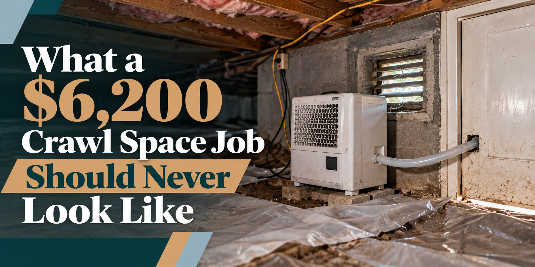 Crawl space with debris, ventilation unit, and text: “What a $6,200 Crawl Space Job Should Never Look Like”