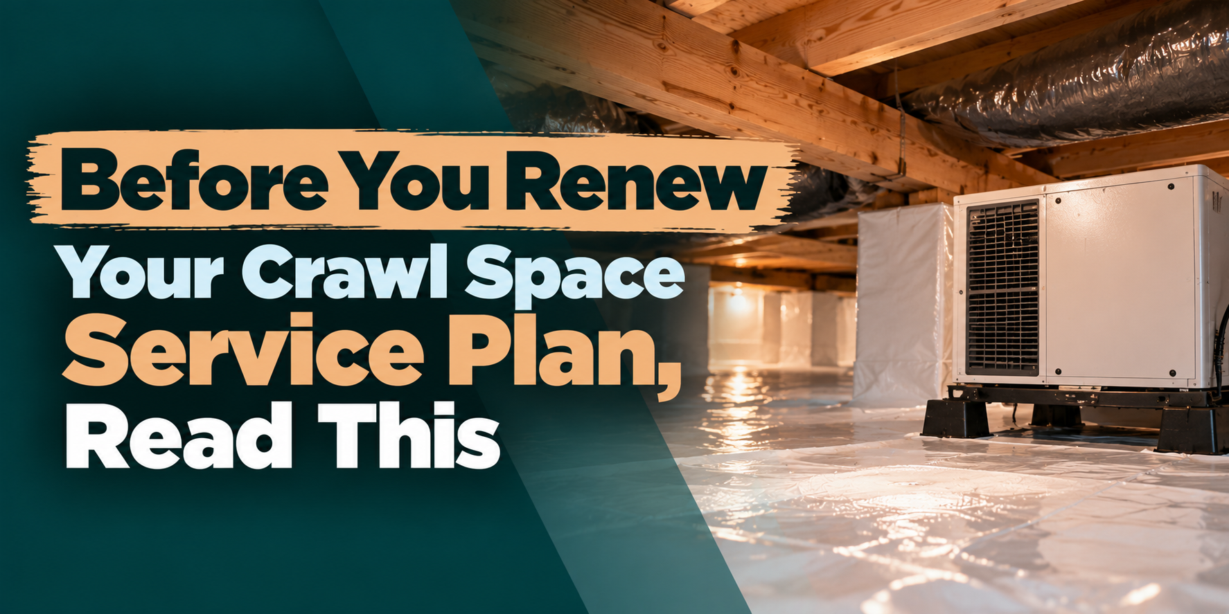 Crawl space service plan warning banner with a technician in a cramped, flooded utility area