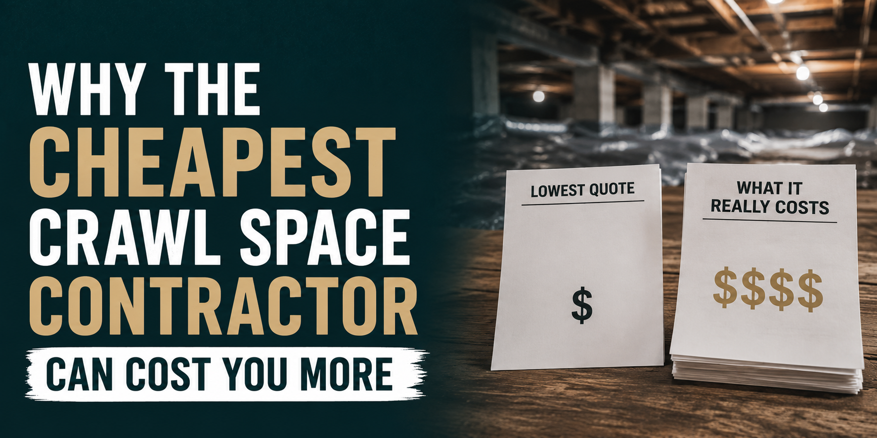 Text graphic: “Why the cheapest crawl space contractor can cost you more,” with two money bags and dollar signs.