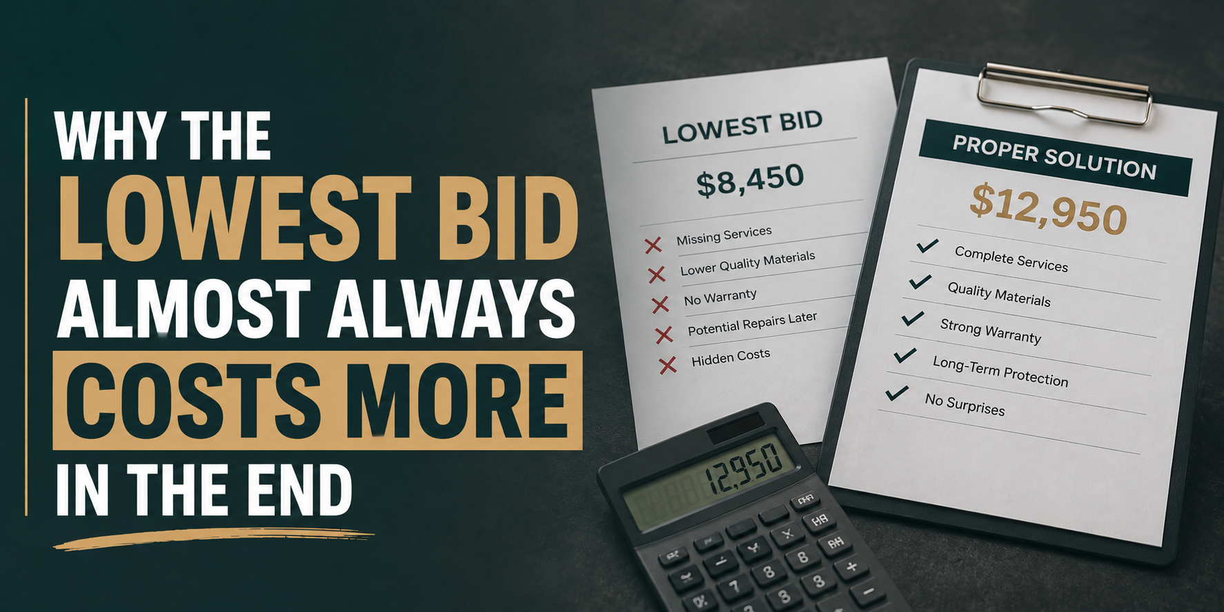 Text graphic: “Why the lowest bid almost always costs more in the end,” with bid documents and a calculator.