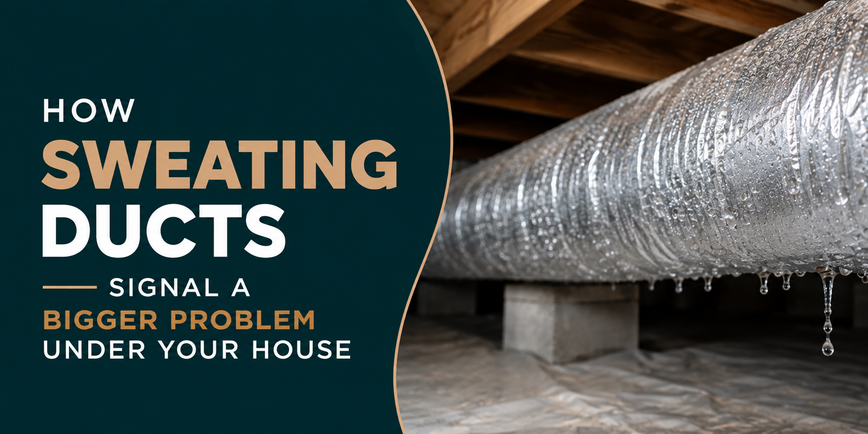 Graphic about sweating ducts under a house, with foil ductwork in a crawlspace.