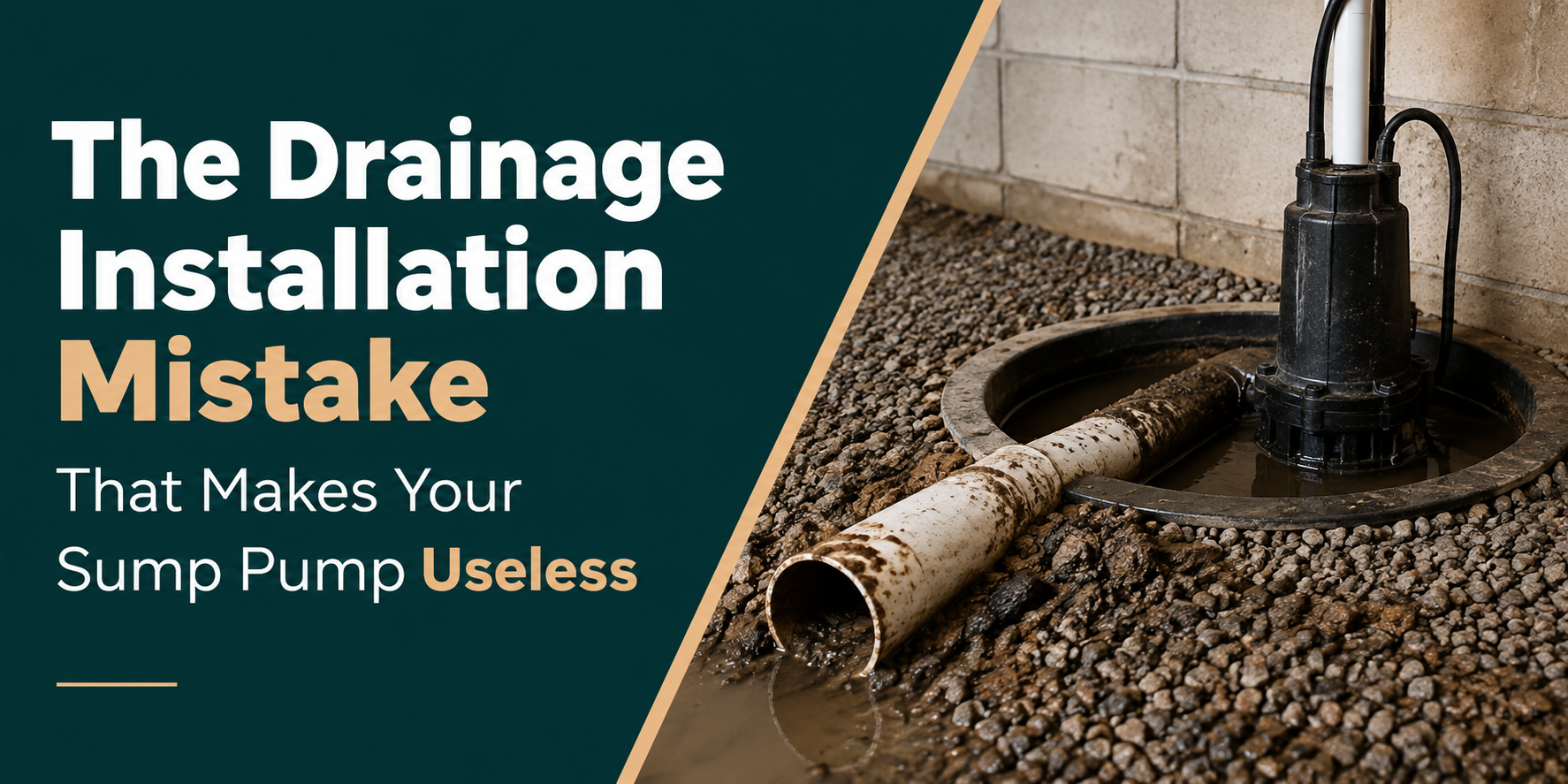Drain pipe leaking into a basement floor drain with text: “The Drainage Installation Mistake That Makes Your Sump Pump Useless”