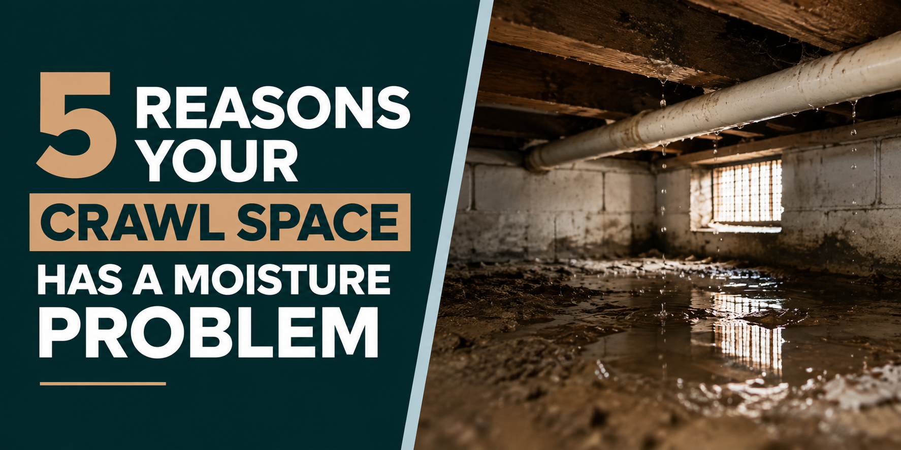 Infographic: crawlspace with moisture problem and bold text on the left.