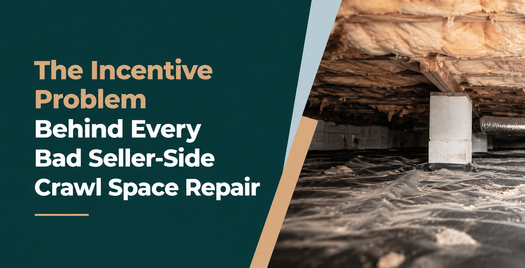 Text about incentives for crawl space repair beside a photo of a crawl space with damaged floor and support columns