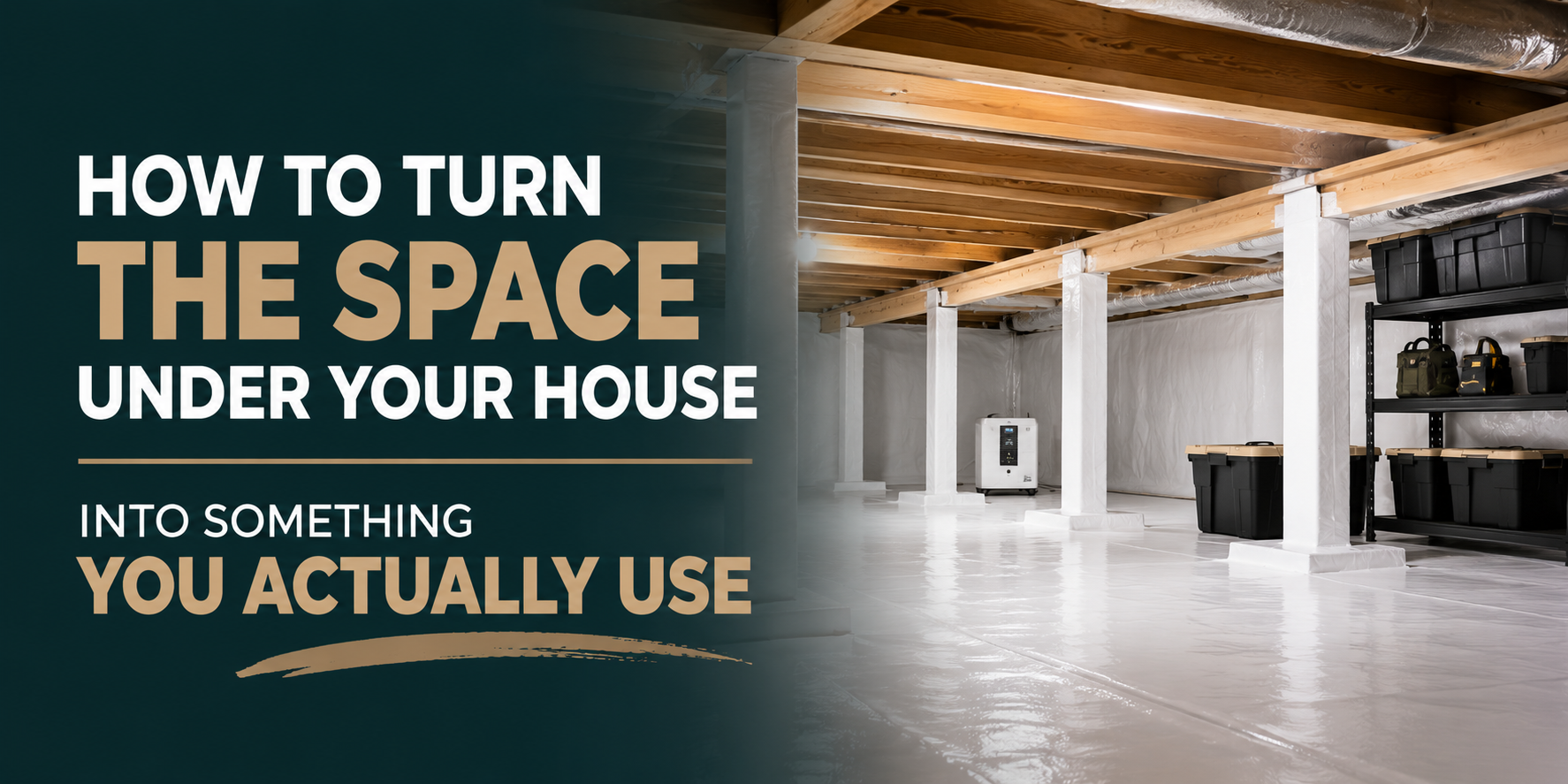 Text graphic of a bright basement with the words “How to turn the space under your house into something you actually use.”