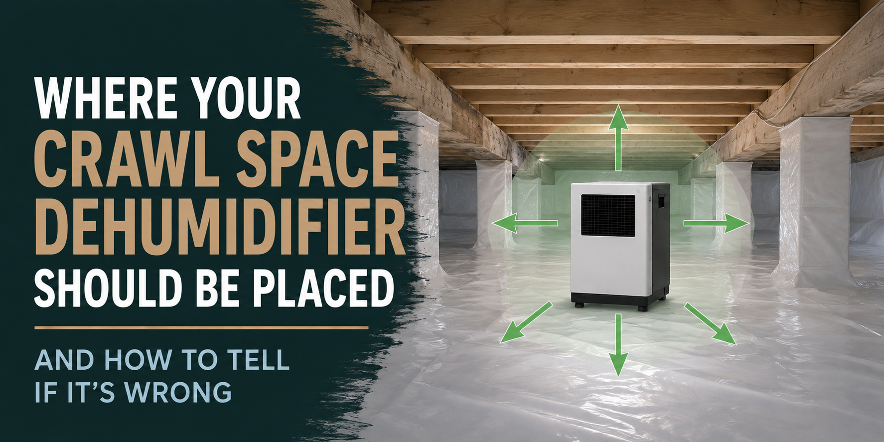Graphic of a crawl space dehumidifier centered in a basement crawlspace with placement arrows and text.
