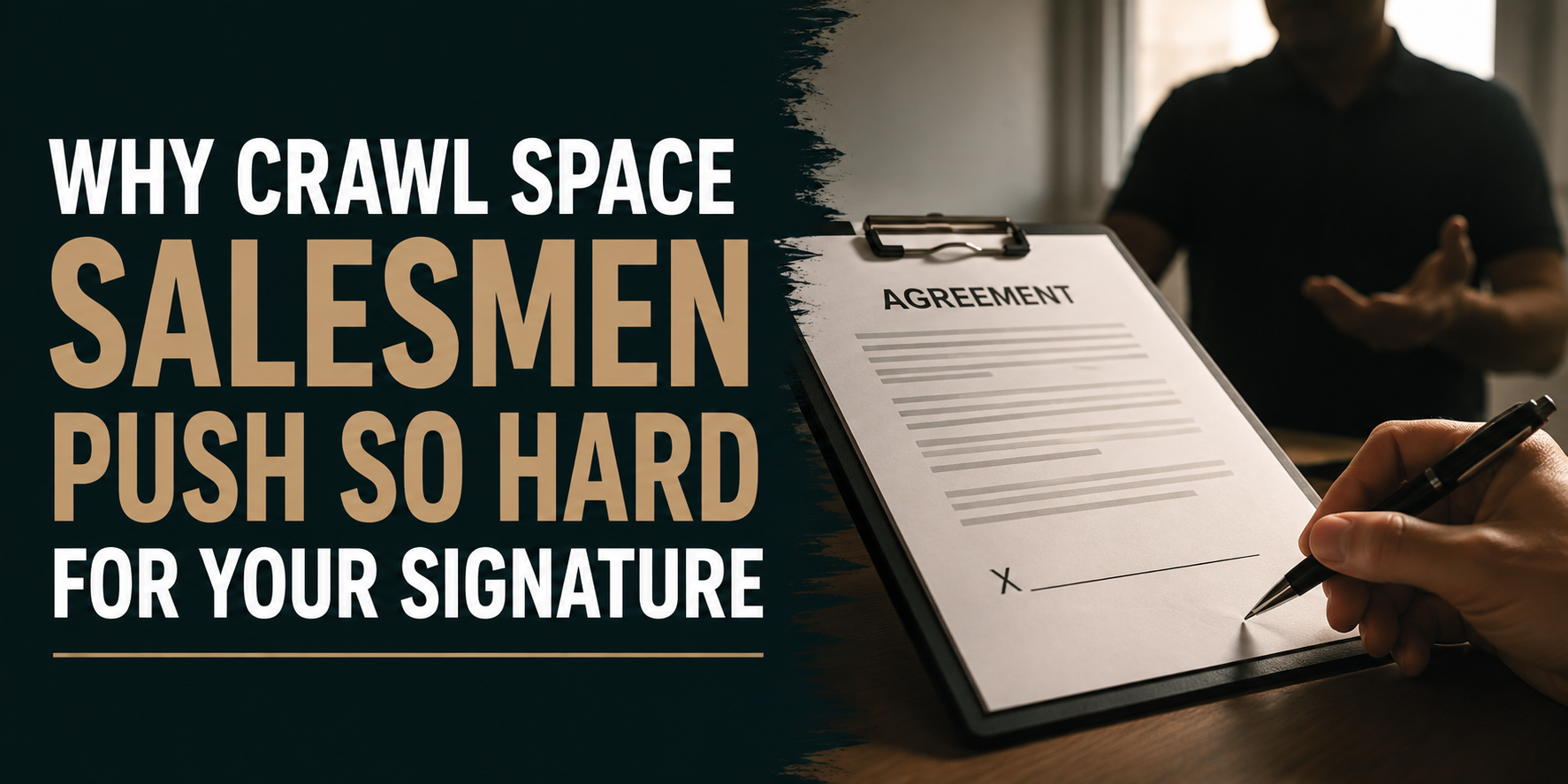 Salesman signs a document beside bold text: “Why crawl space salesmen push so hard for your signature”