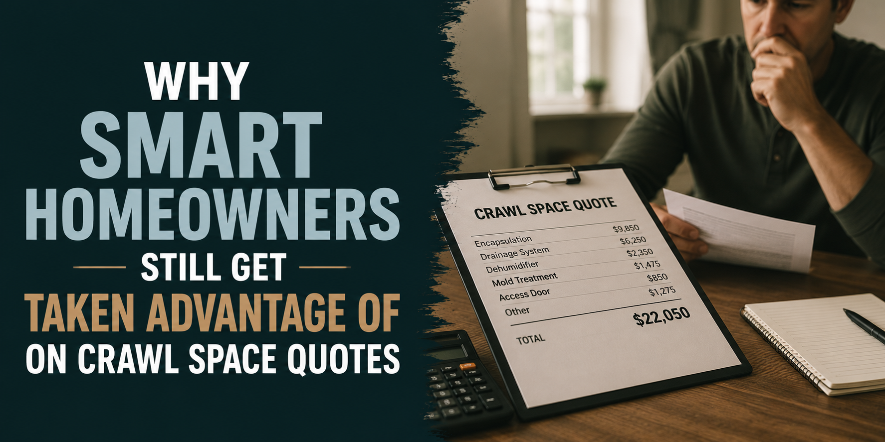 Headline about homeowners losing out on crawl space quotes beside a clipboard and man at a desk