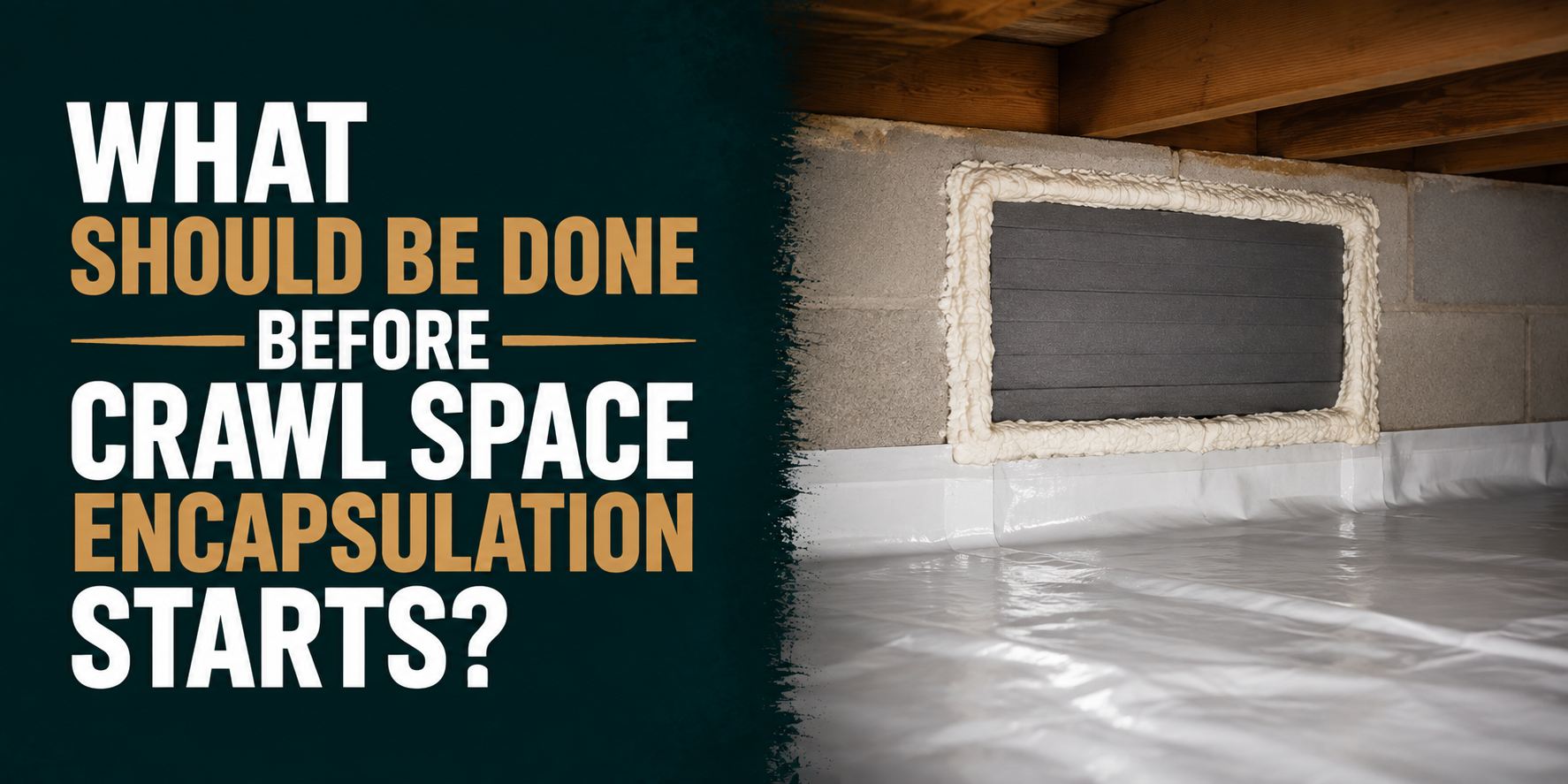 Text graphic: “What should be done before crawl space encapsulation starts?” beside a crawl space interior.