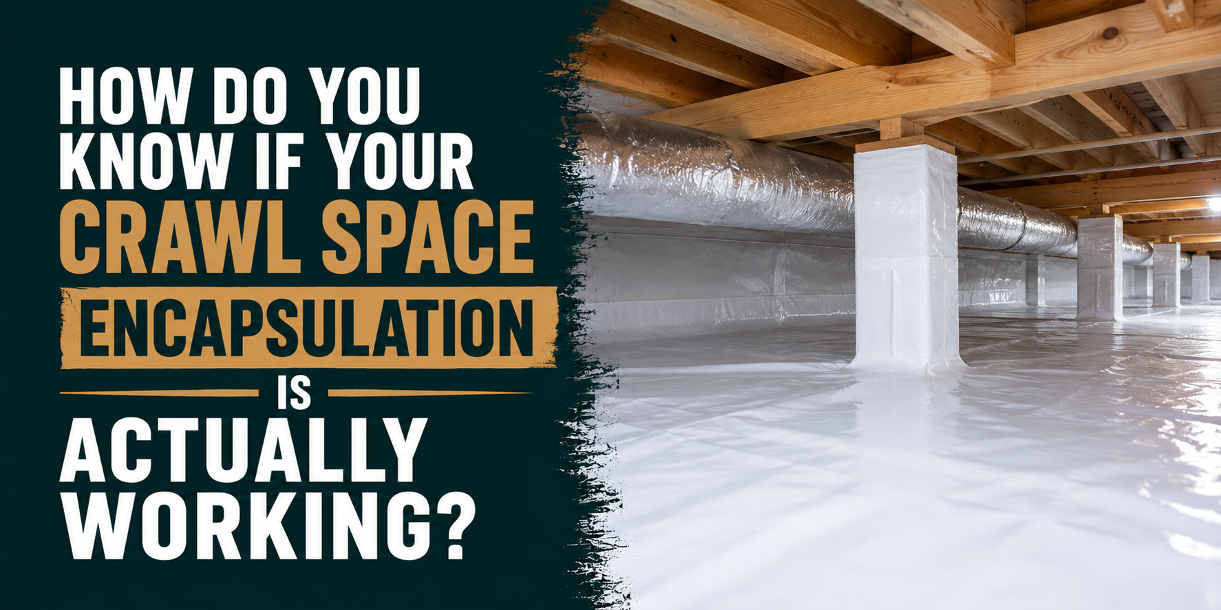 Crawl space with white encapsulation liner and bold text asking if crawl space encapsulation is working