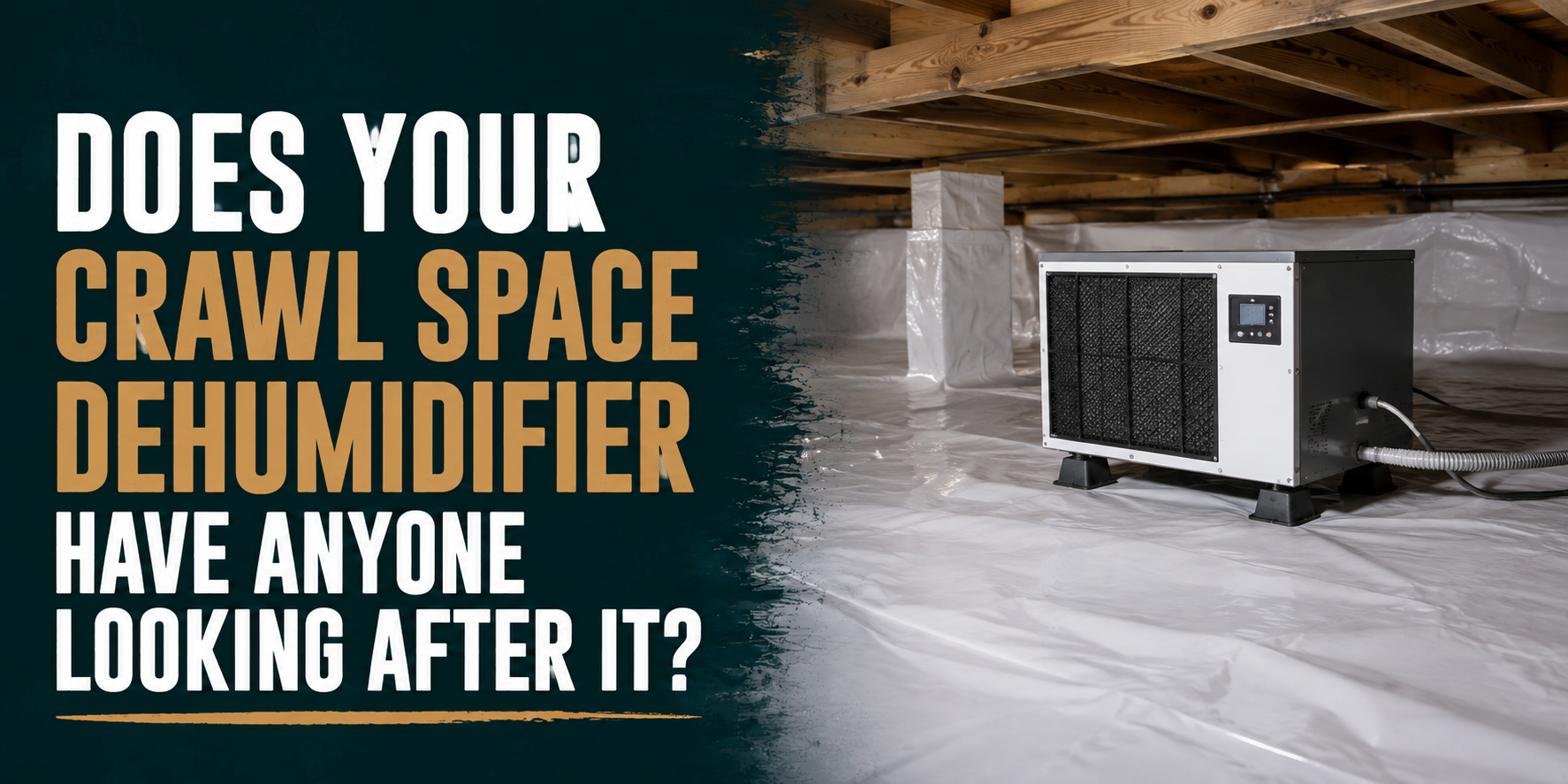 Text ad showing a crawl space dehumidifier in a crawl space, with the question “Does your crawl space dehumidifier have anyone looking after it?”