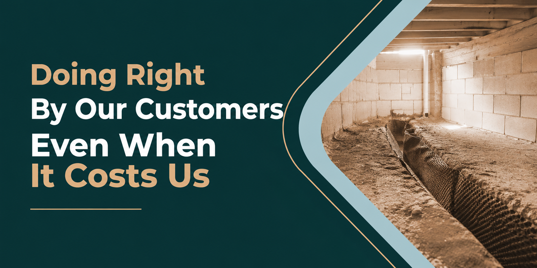 Dark teal banner with white text beside a construction site trench and brick walls.