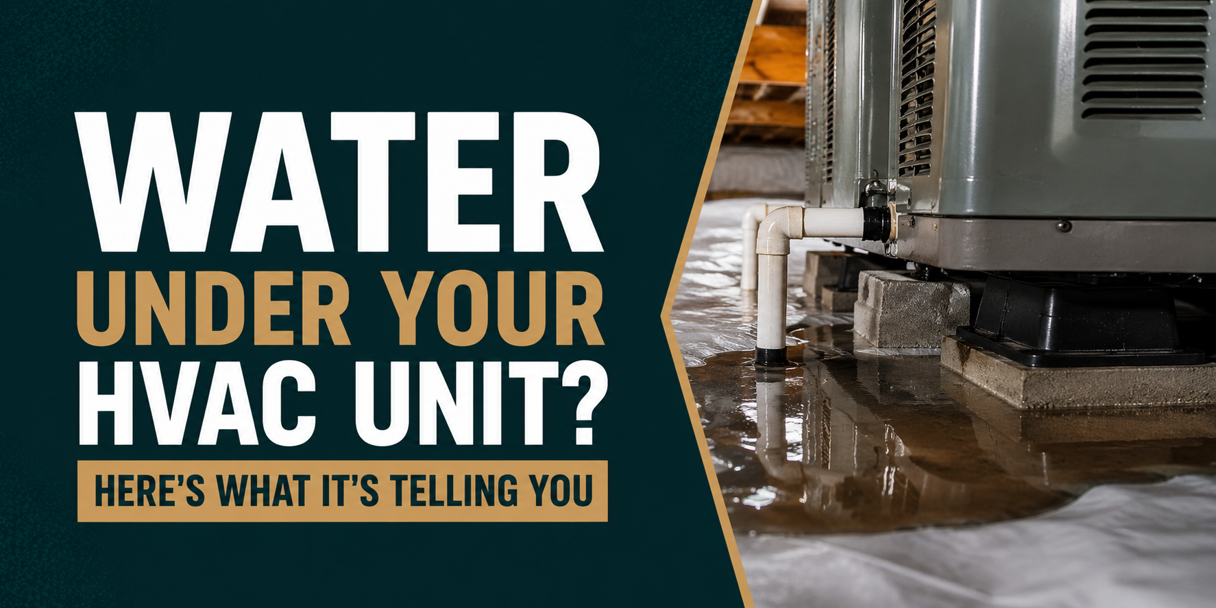Water pooling beneath an HVAC unit beside text: “Water under your HVAC unit? Here’s what it’s telling you.”
