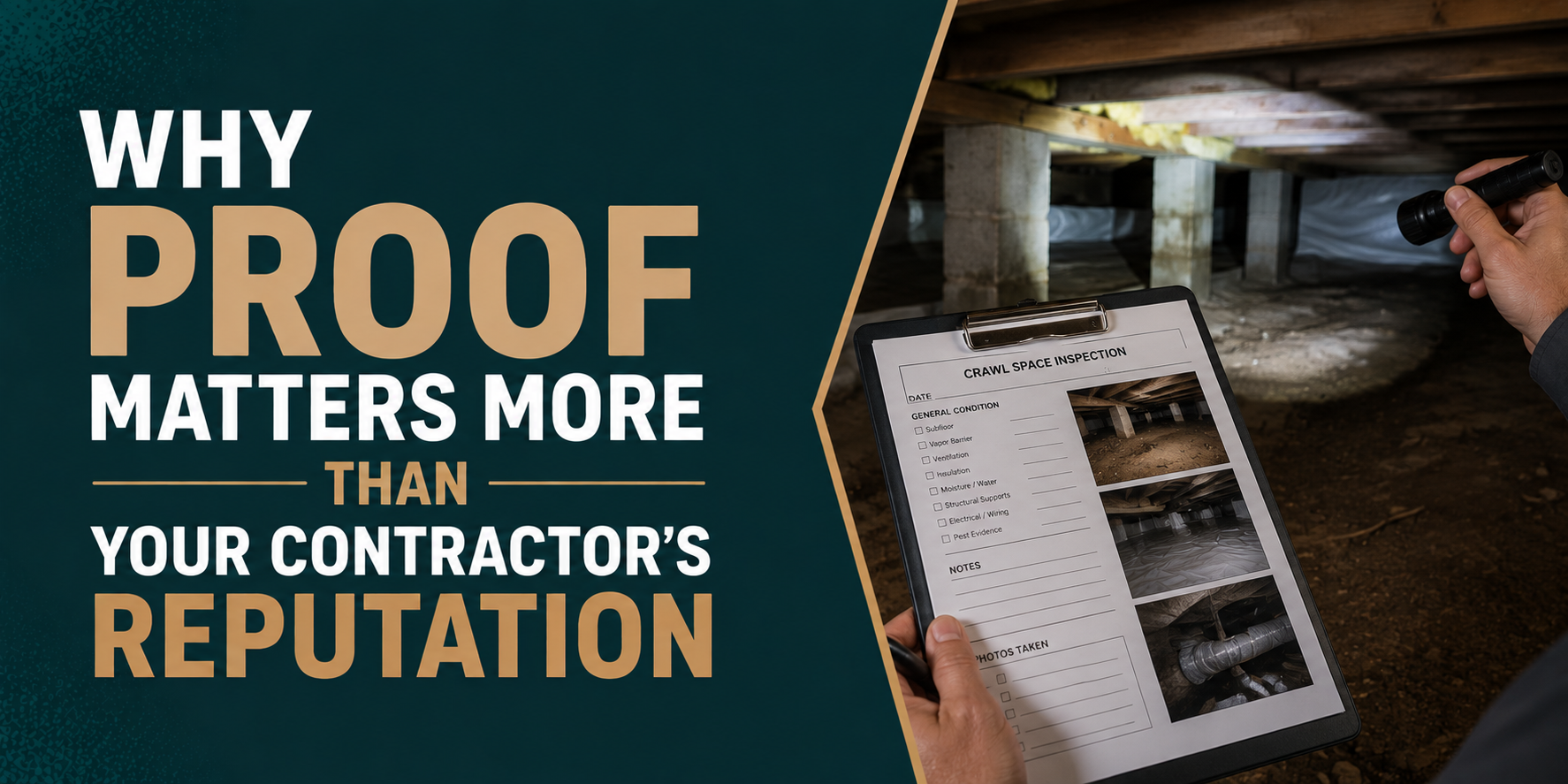 Text graphic: “Why proof matters more than your contractor’s reputation,” with inspector holding a floor plan.