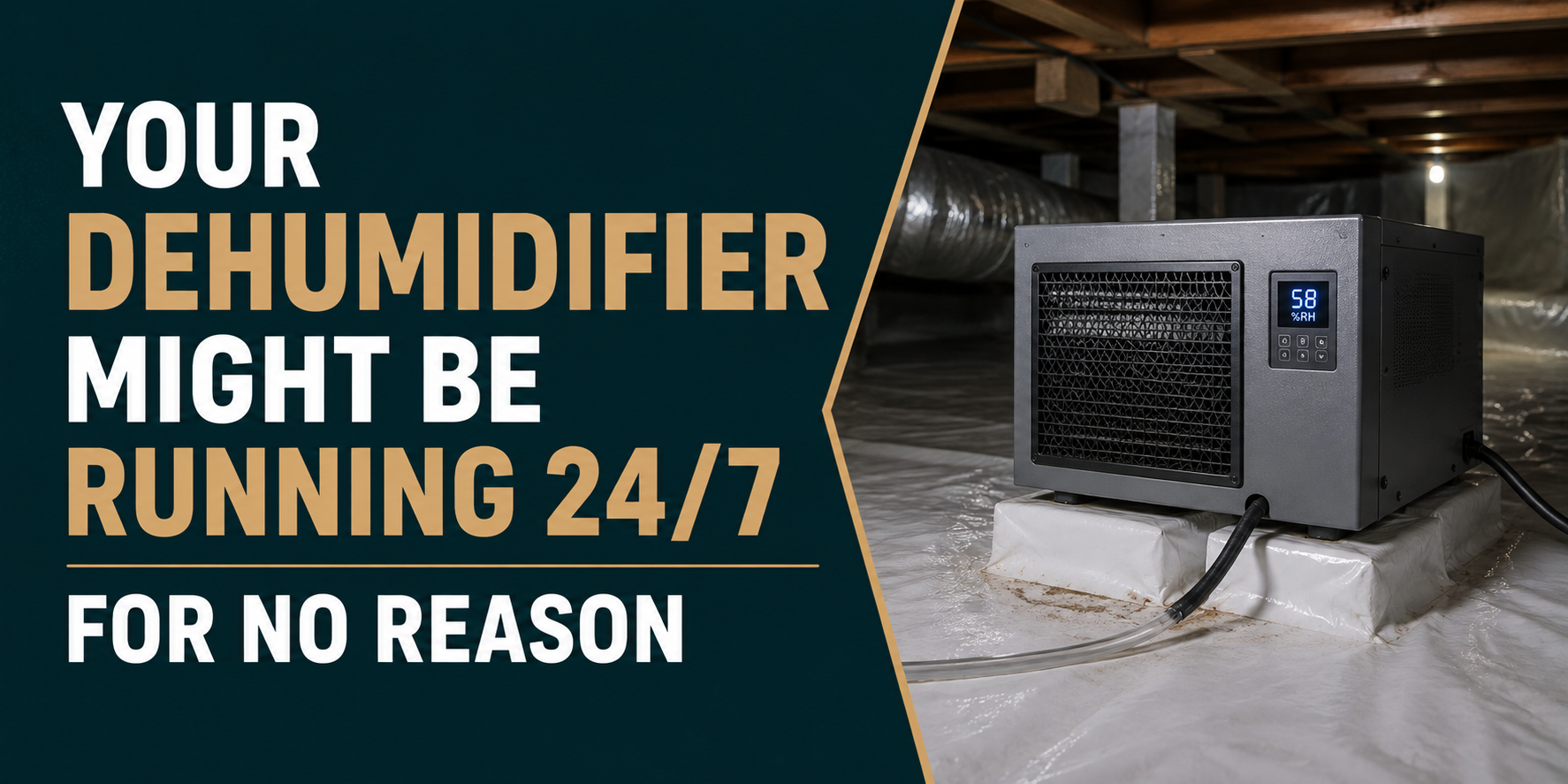 Dehumidifier running 24/7 on a floor in a basement, with bold text warning it may be running for no reason