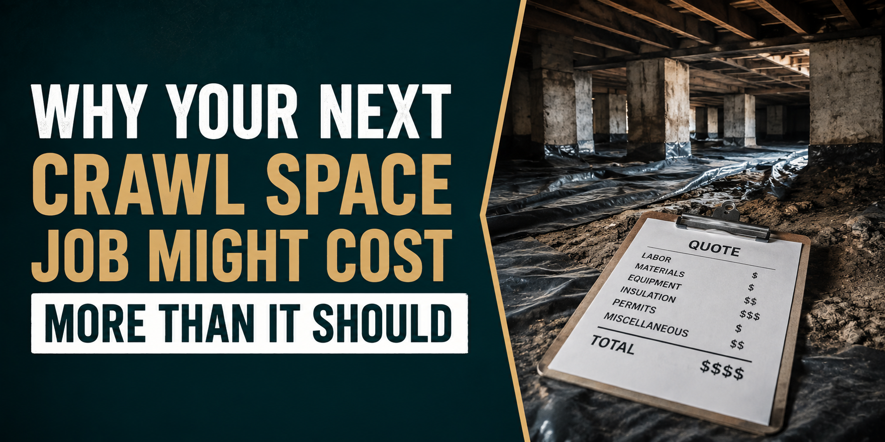 Text about crawl space job costs over a dark crawl space and a price list on the floor