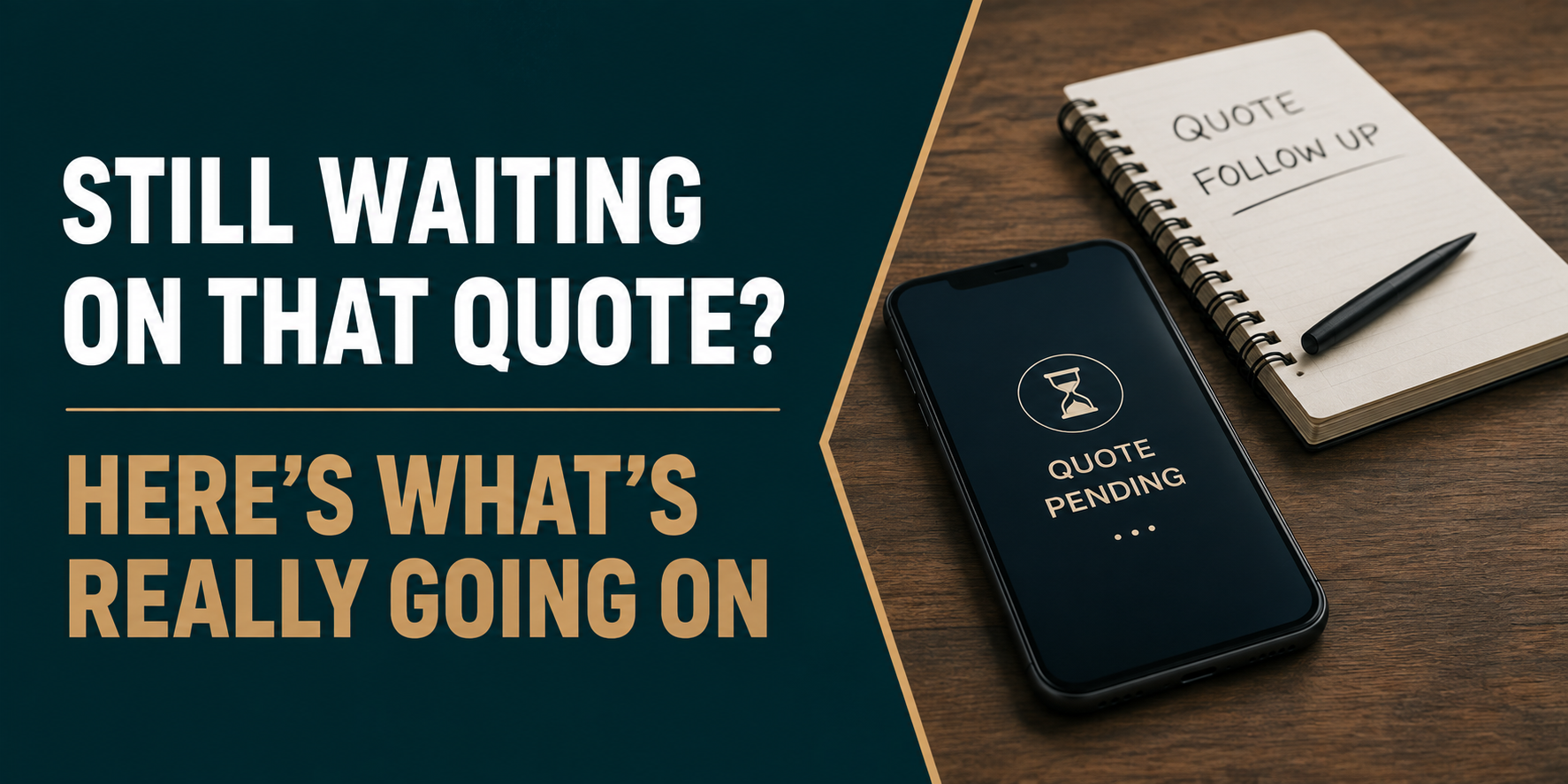 Dark desk scene with quote notebook and phone beside bold text: “Still waiting on that quote? Here’s what’s really going on.”