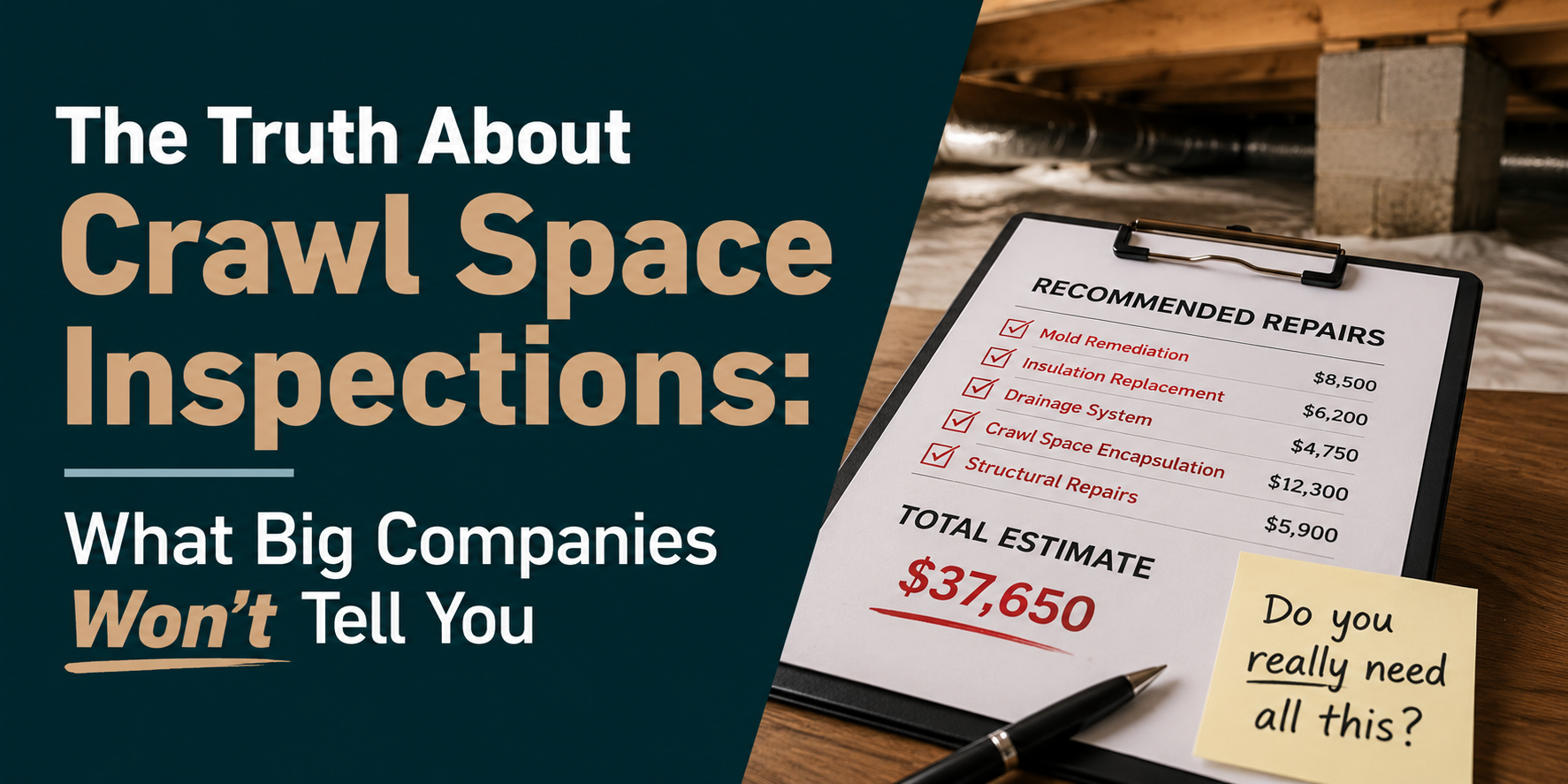 Crawl space inspection ad with inspection checklist and note asking “Do you really need all of this?”