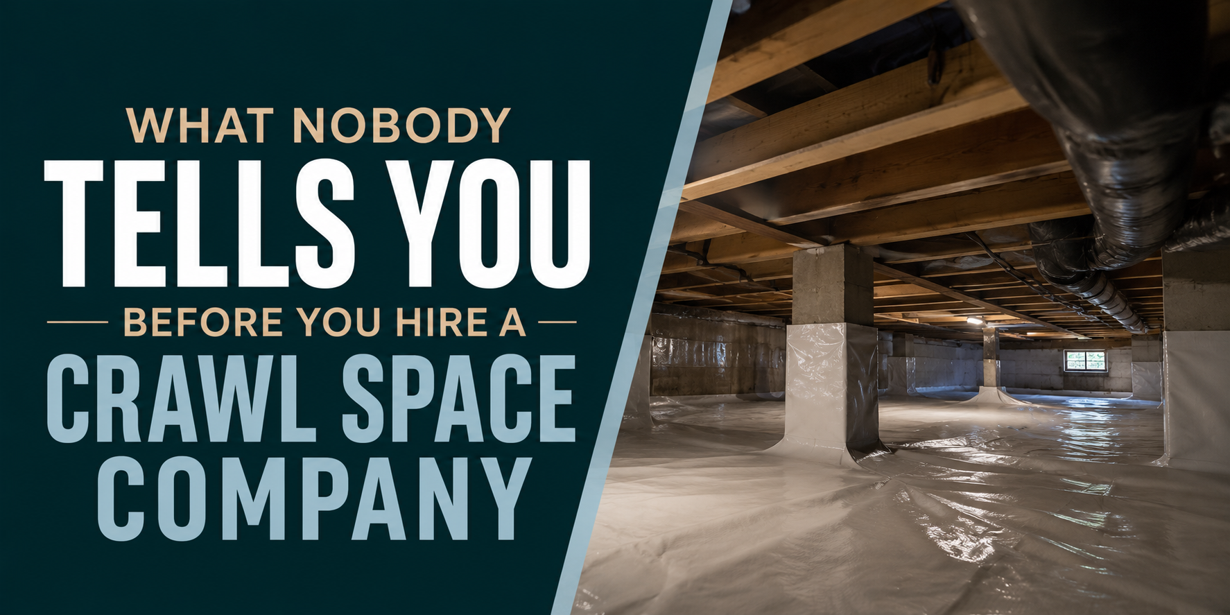 Crawl space with white plastic vapor barrier and text: “What nobody tells you before you hire a crawl space company”