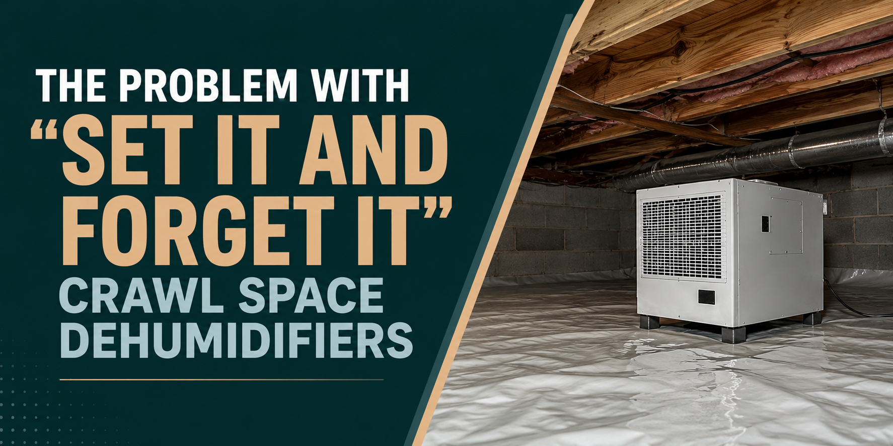 Text ad for crawl space dehumidifiers beside a white dehumidifier in a dark crawl space.
