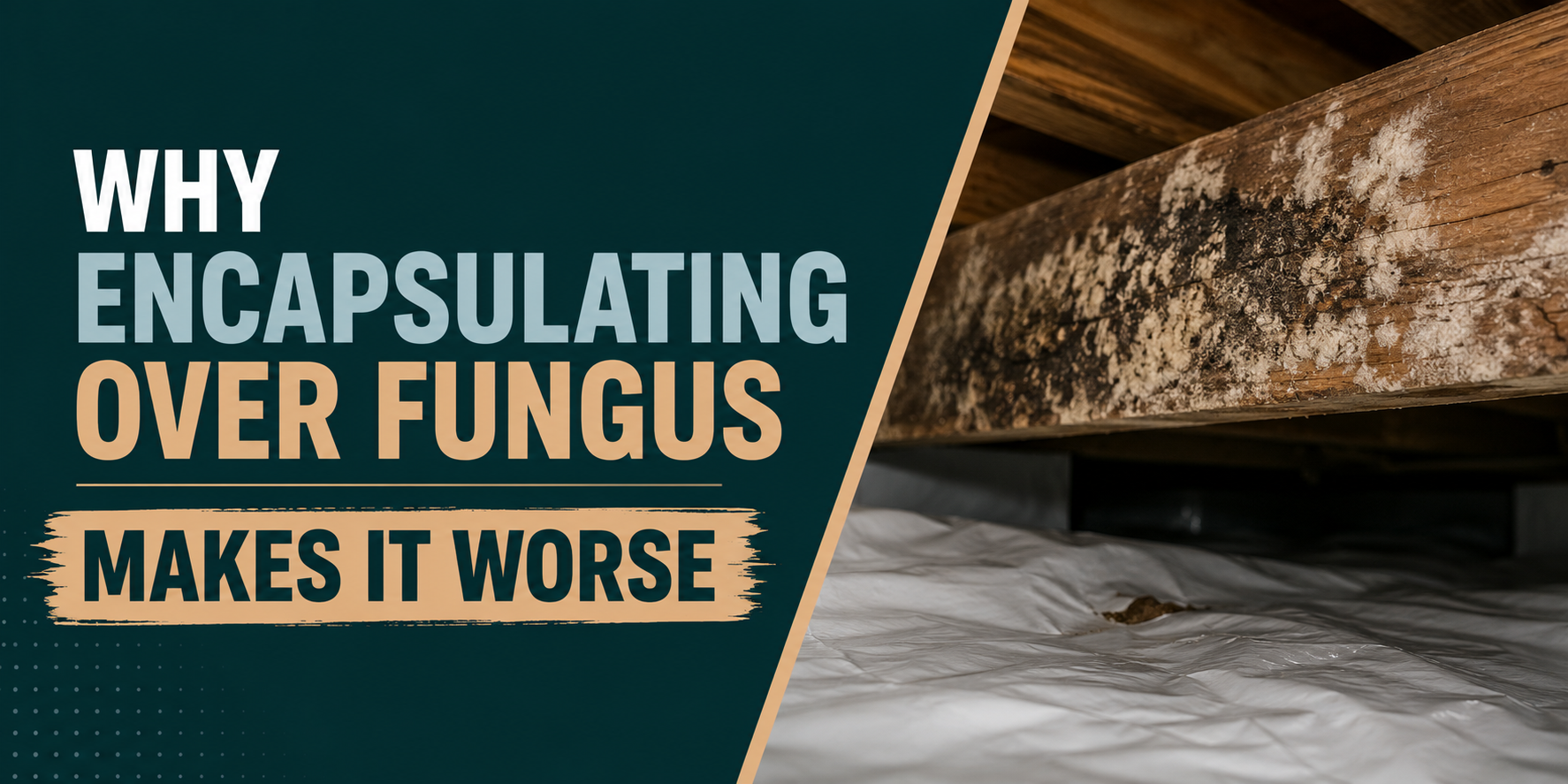 Text graphic: “Why encapsulating over fungus makes it worse” beside moldy attic insulation.