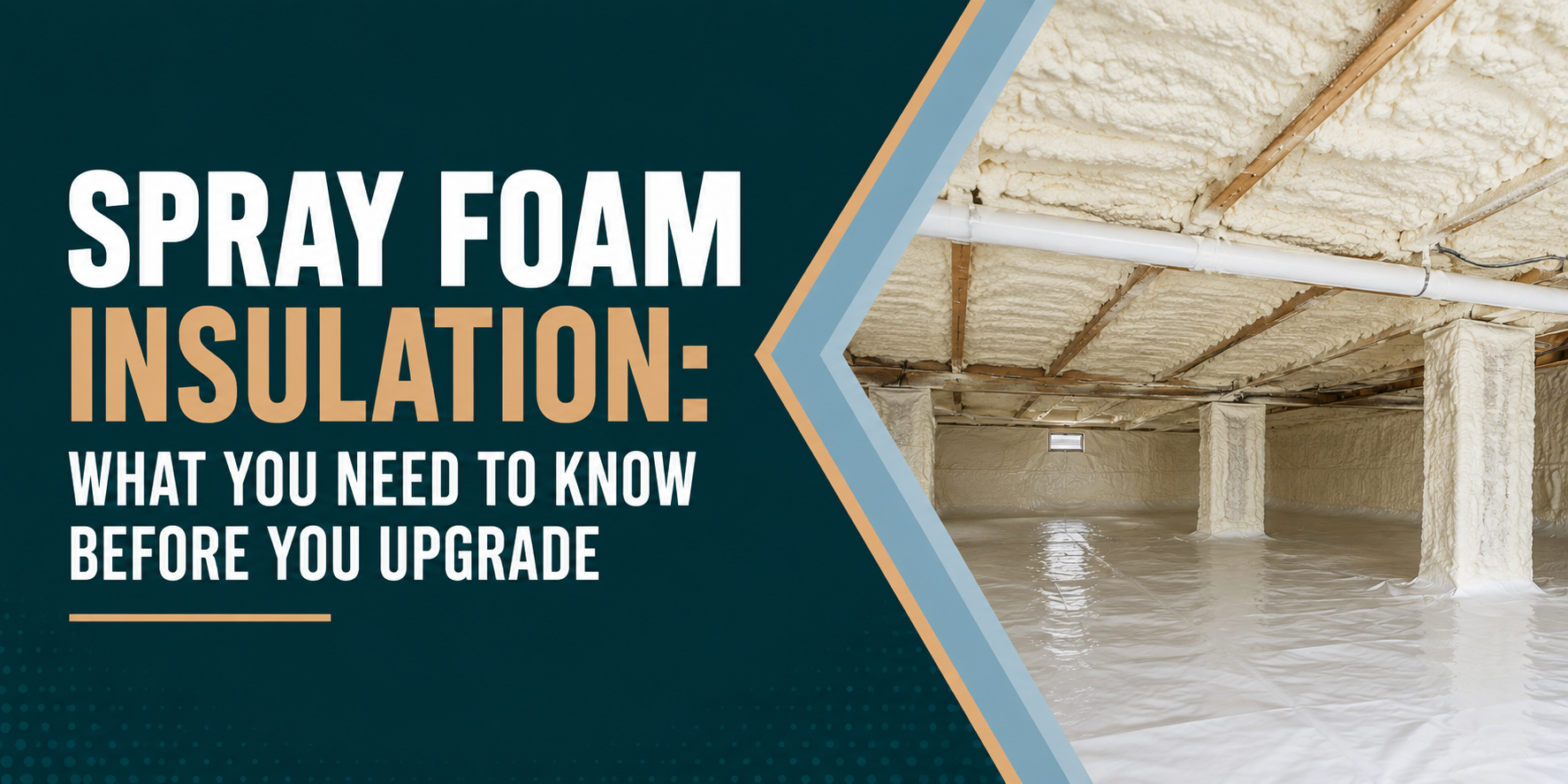 Spray foam insulation promo graphic with text and a bright attic interior scene