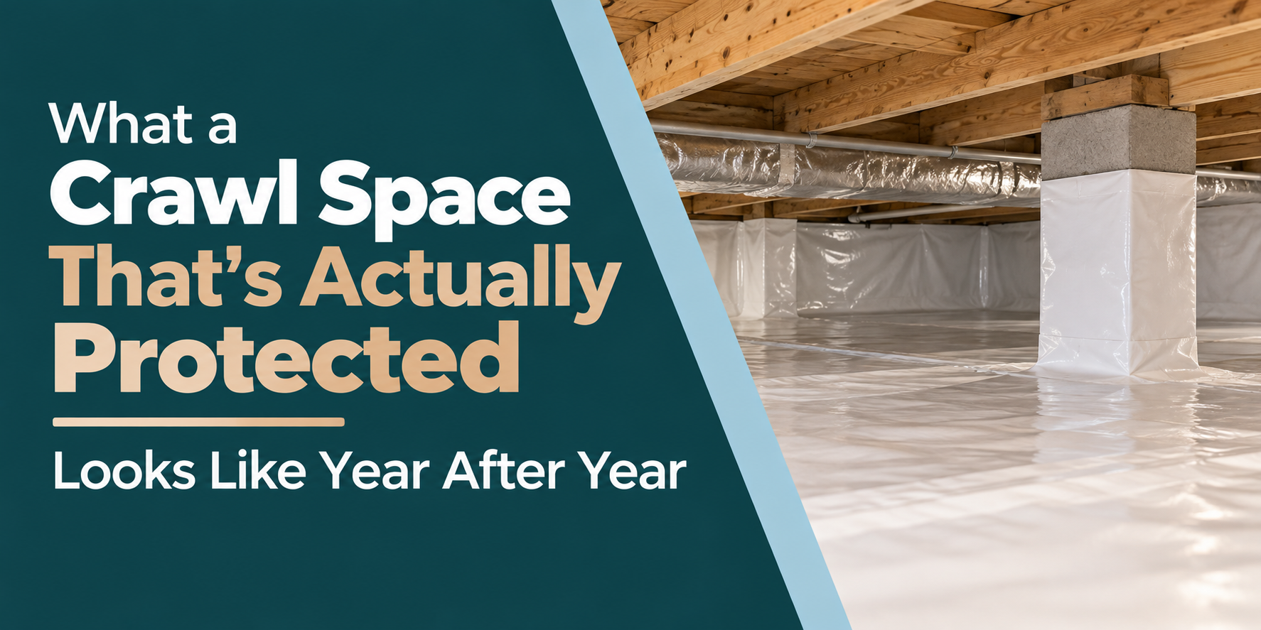 Crawl space with white vapor barrier and insulated beams, labeled “What a Crawl Space That’s Actually Protected Looks Like Year After Year”