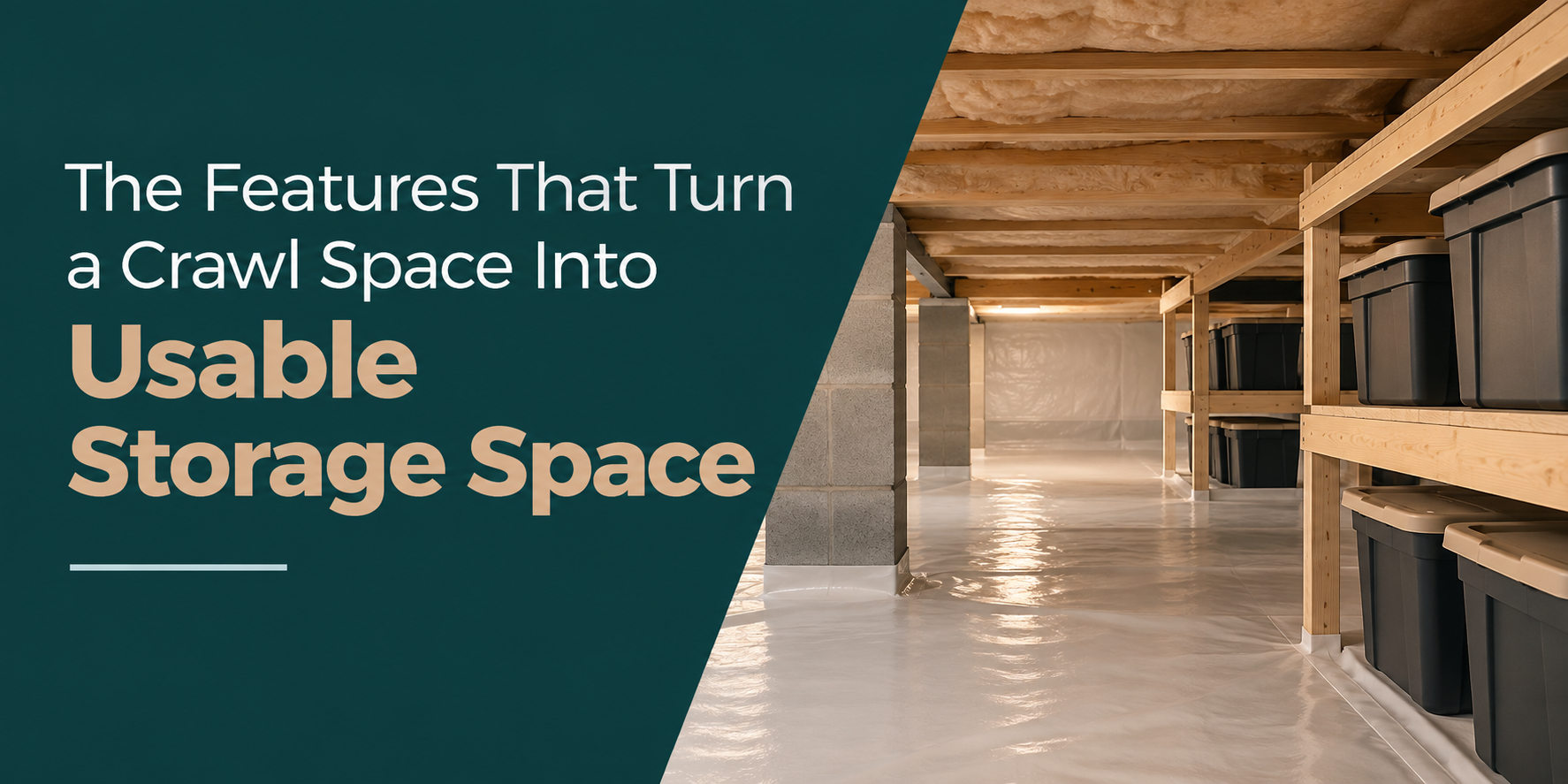 Crawl space with white floor and wood beams, labeled as usable storage space.