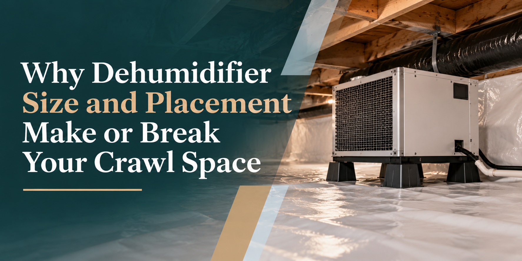 Crawl space with large dehumidifier and text: “Why Dehumidifier Size and Placement Make or Break Your Crawl Space”