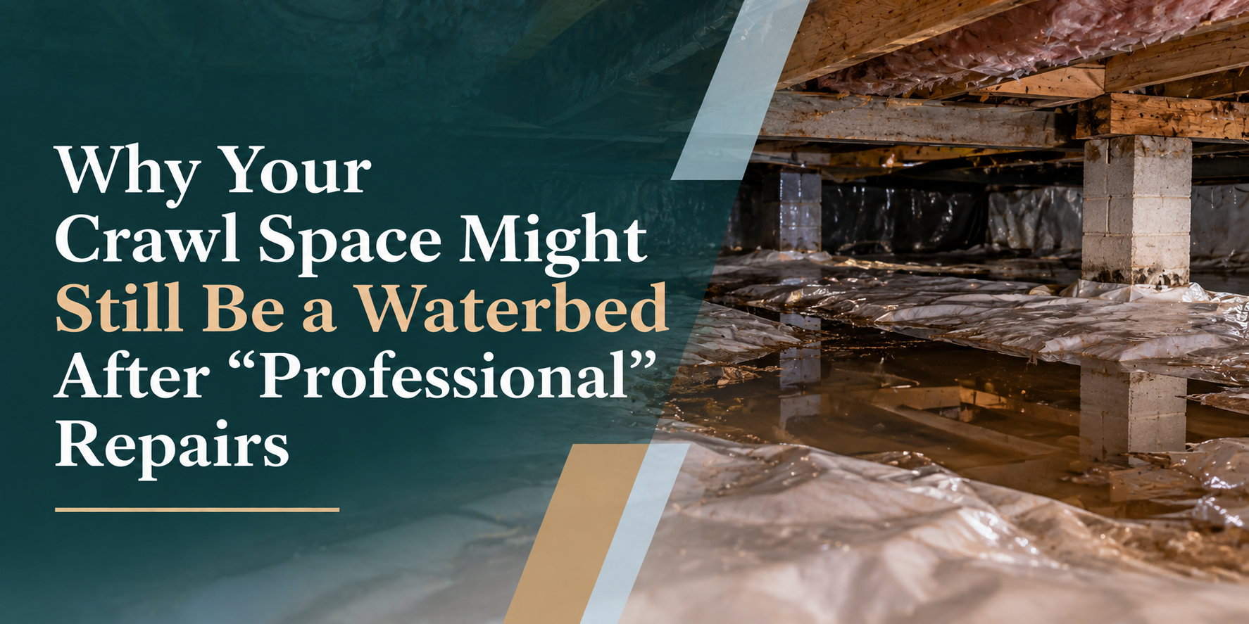 Crawl space with wet floor and exposed insulation, overlaid with text about water damage after “professional” repairs