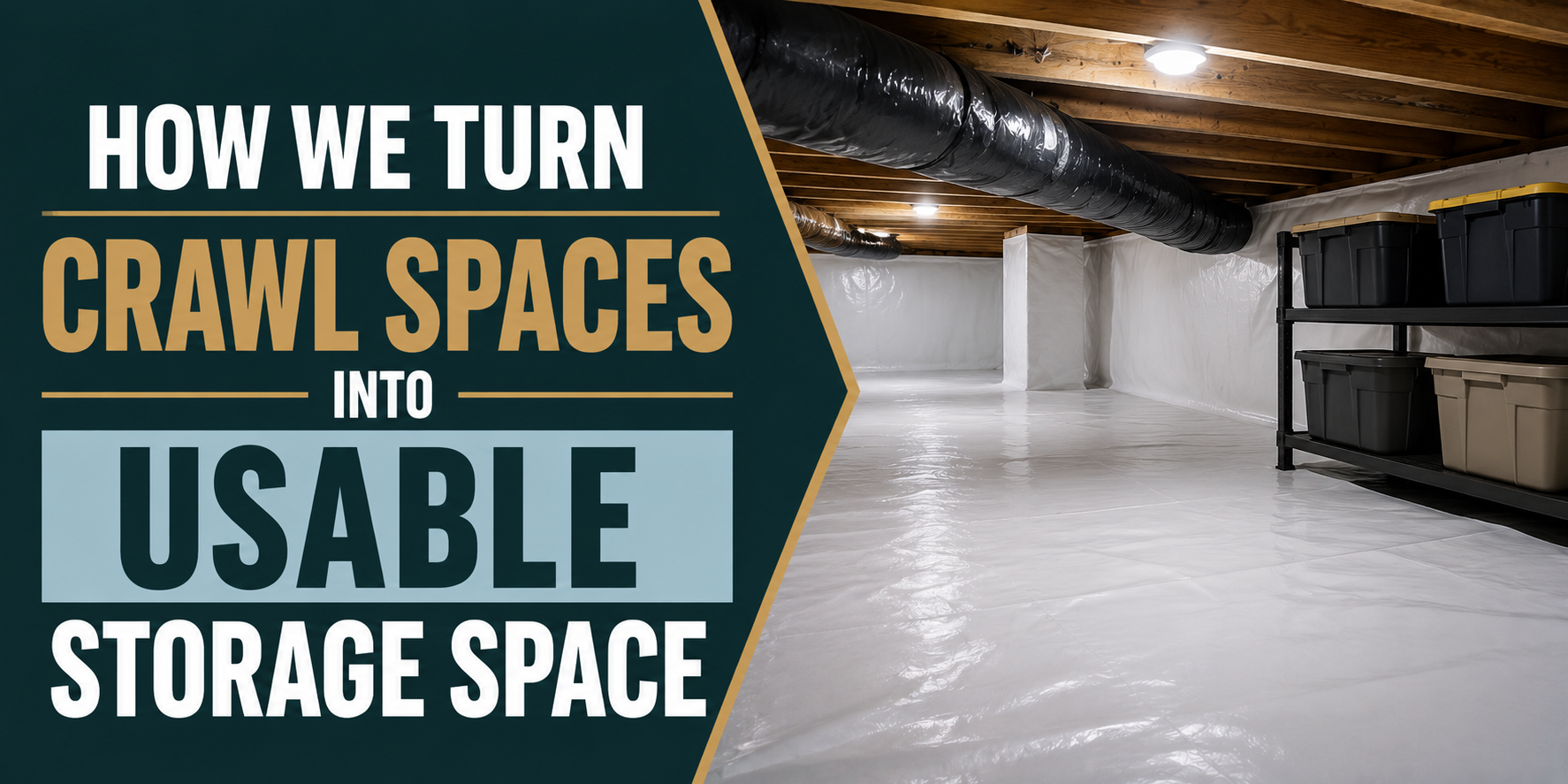 Before-and-after crawl space turned into usable storage space, with white walls and floor.