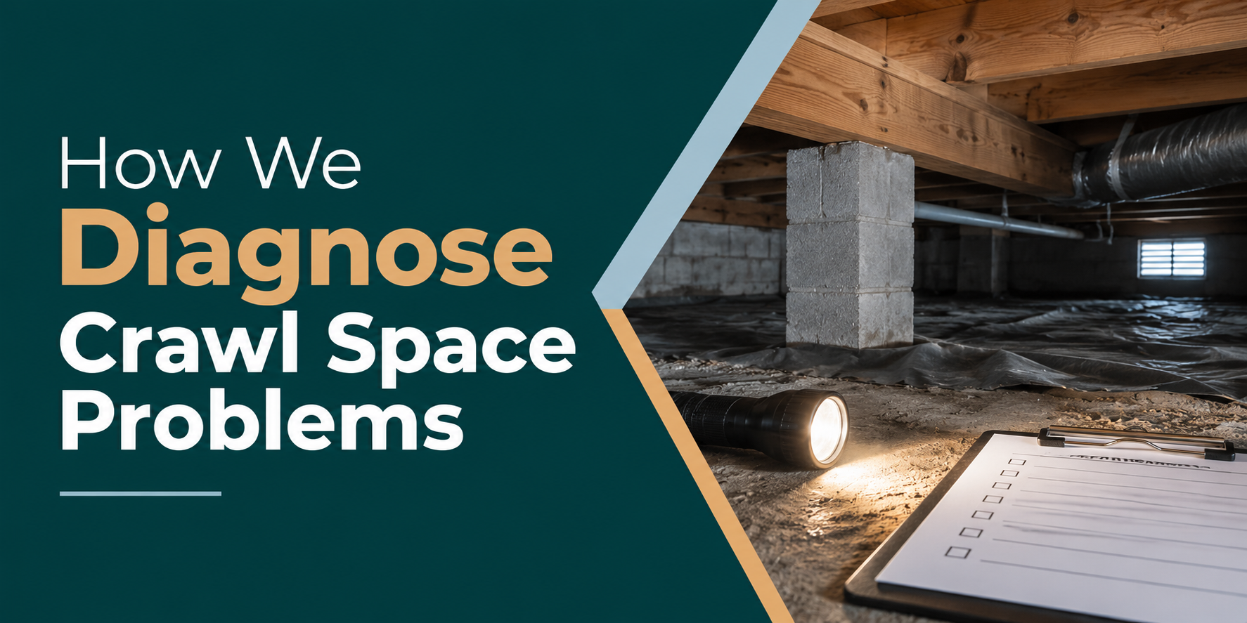 Graphic reading “How We Diagnose Crawl Space Problems” beside a crawl space with a light and inspection panel