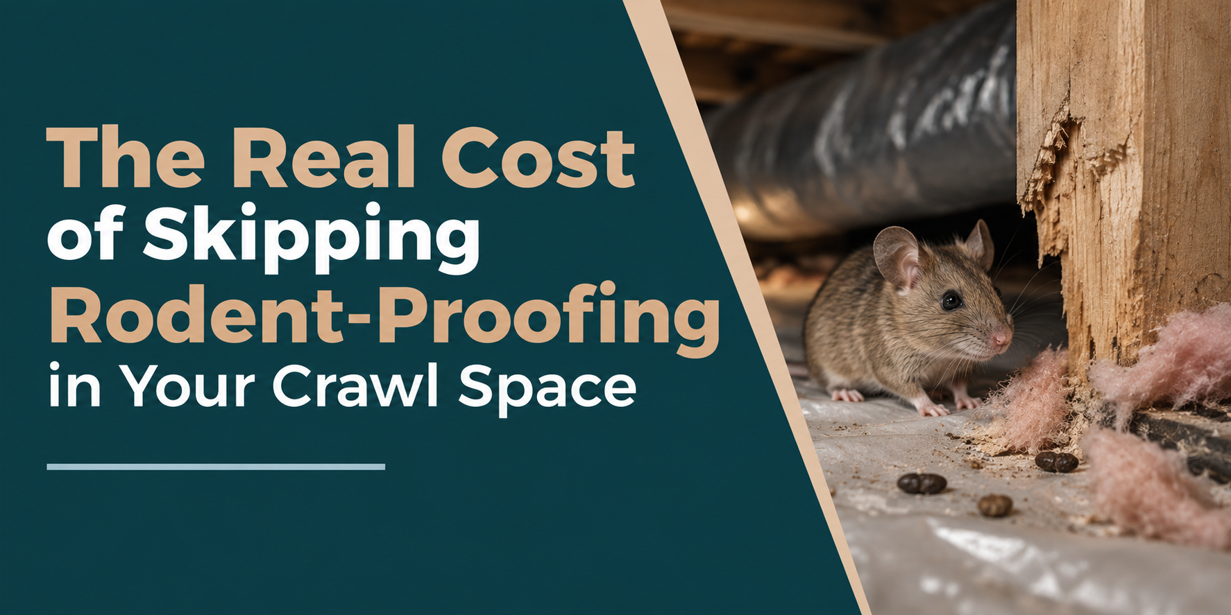 Text about rodent-proofing costs beside a mouse in a crawl space.