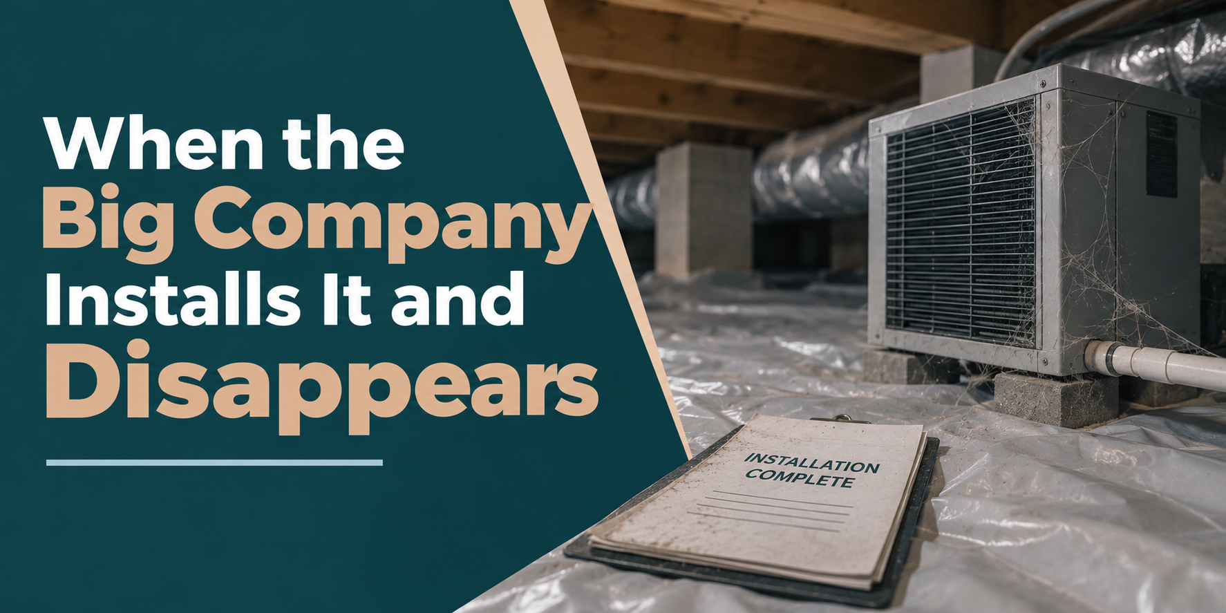 Text graphic of an HVAC unit in a crawlspace with the words “When the Big Company Installs It and Disappears”