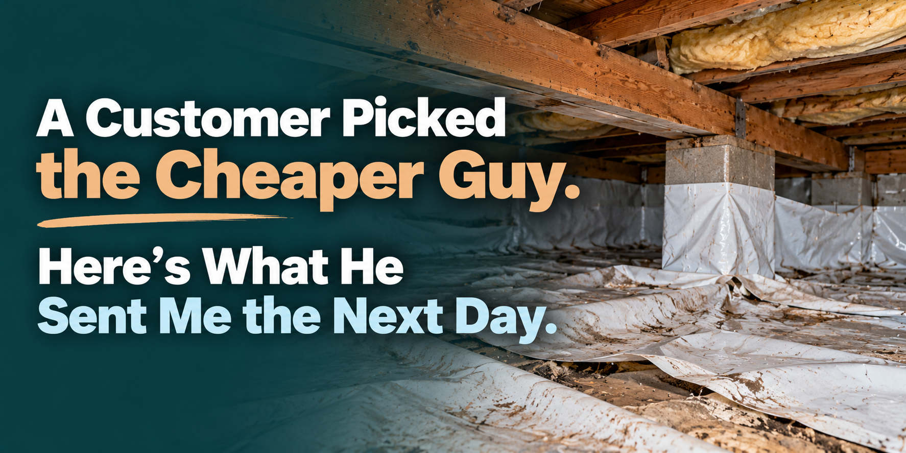 Ad for a cheaper guy, with bold text over a home-remodel scene and a white sofa on wood flooring