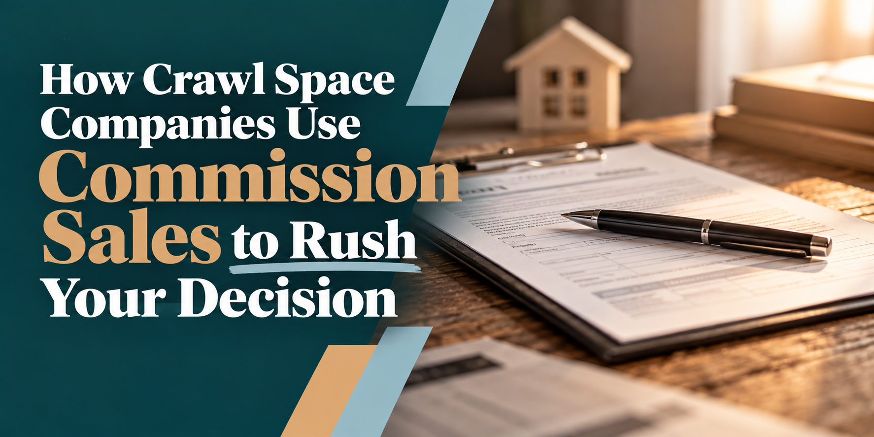 Crawl space company ad over a desk and house model, reading “How Crawl Space Companies Use Commission Sales to Rush Your Decision”