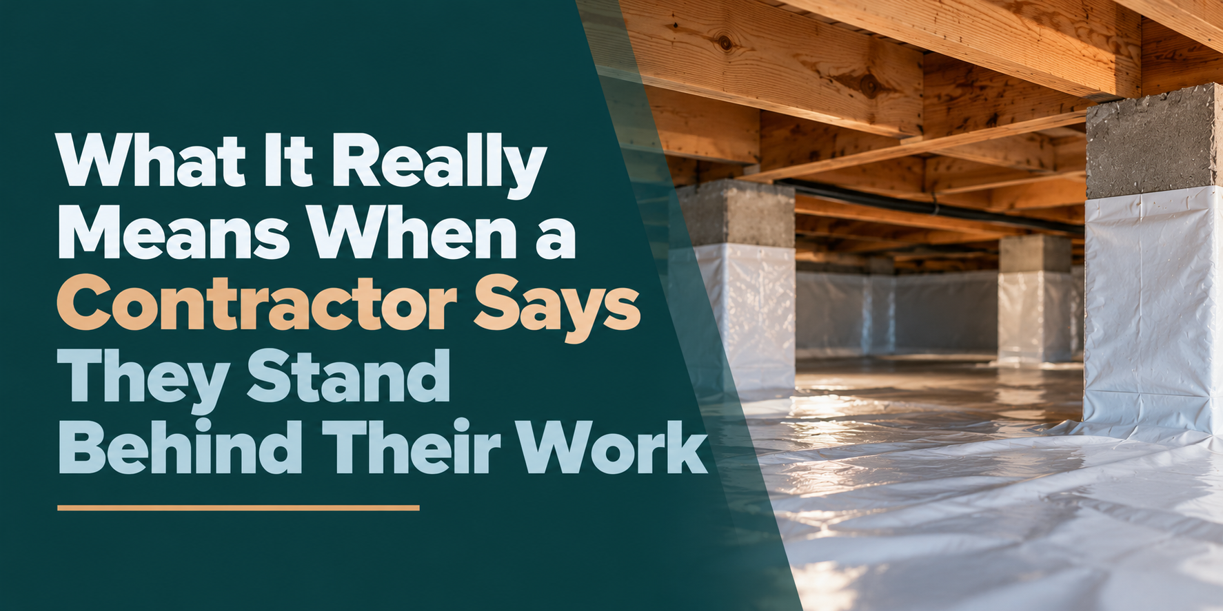 Wooden construction interior with bold white text: “What It Really Means When a Contractor Says They Stand Behind Their Work”