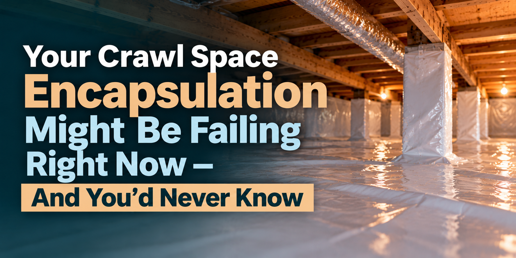 Crawl space encapsulation promo with white text over a photo of a plastic-lined crawl space under a house